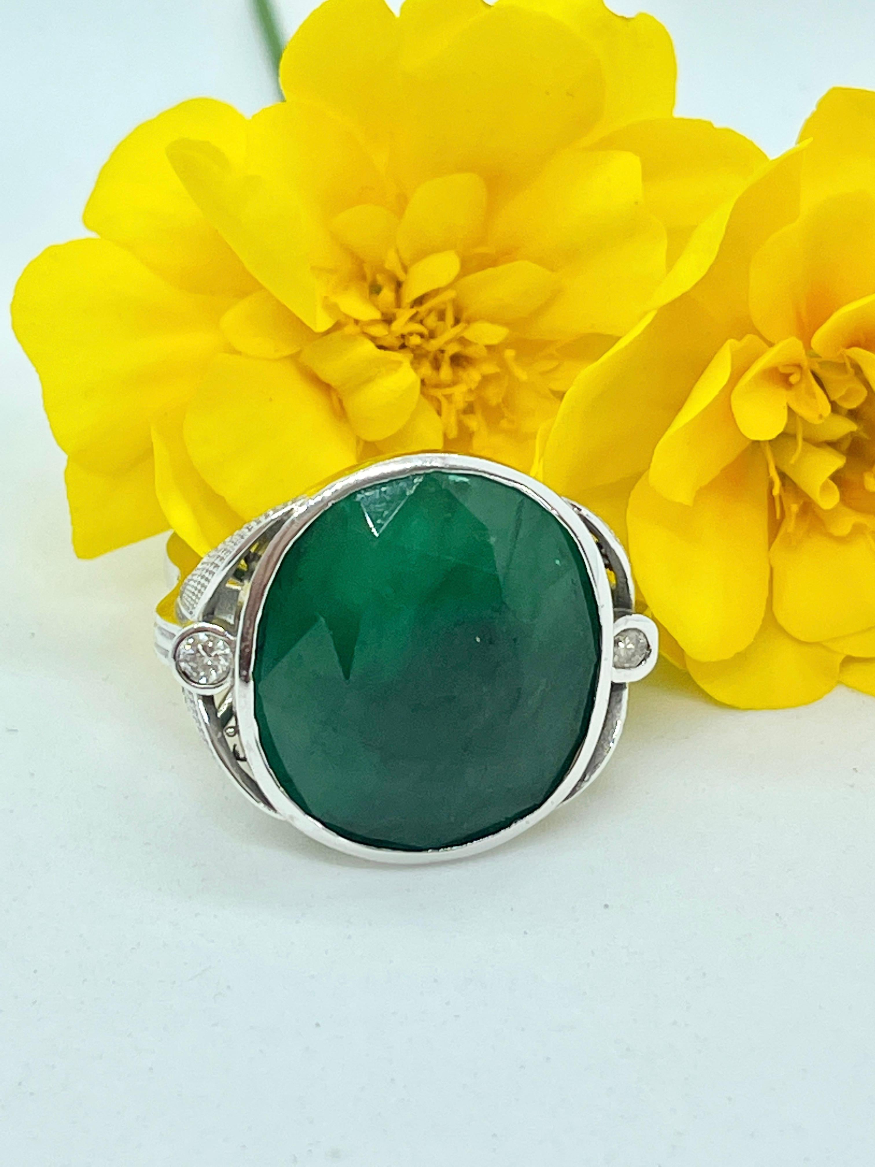 Modern Amazing Huge 20CT Natural Emerald Diamond Ring 9ct White Gold with Valuation For Sale