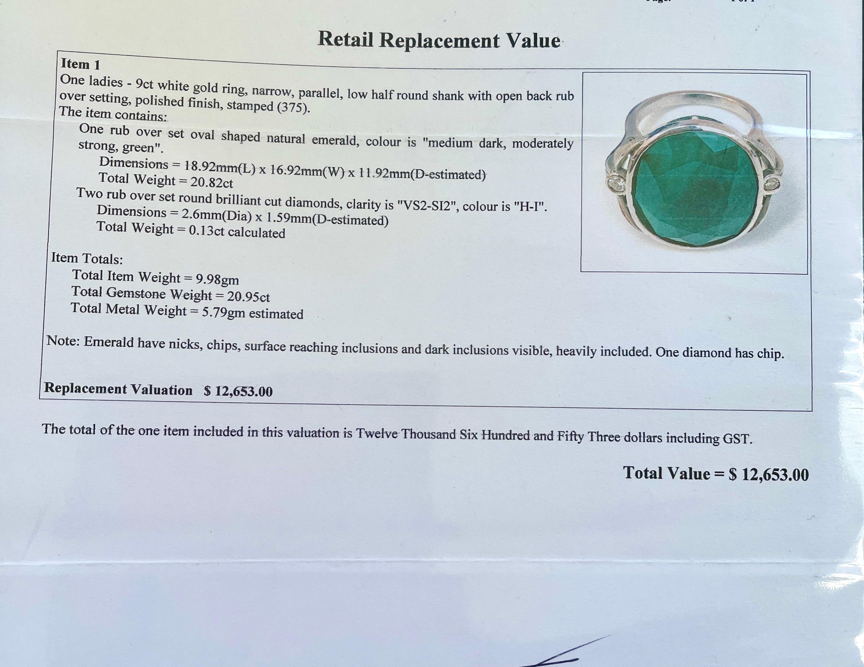 Amazing Huge 20CT Natural Emerald Diamond Ring 9ct White Gold with Valuation In New Condition For Sale In Mona Vale, NSW