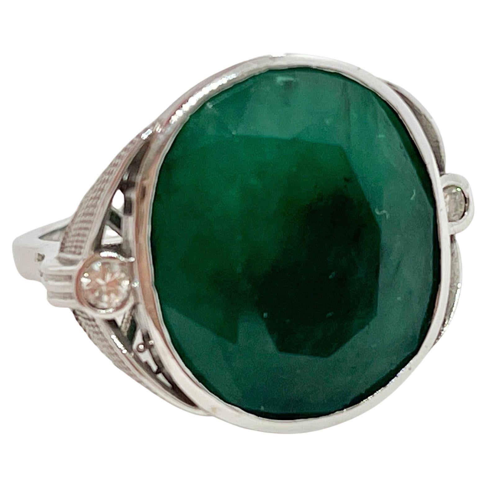 Amazing Huge 20CT Natural Emerald Diamond Ring 9ct White Gold with Valuation For Sale