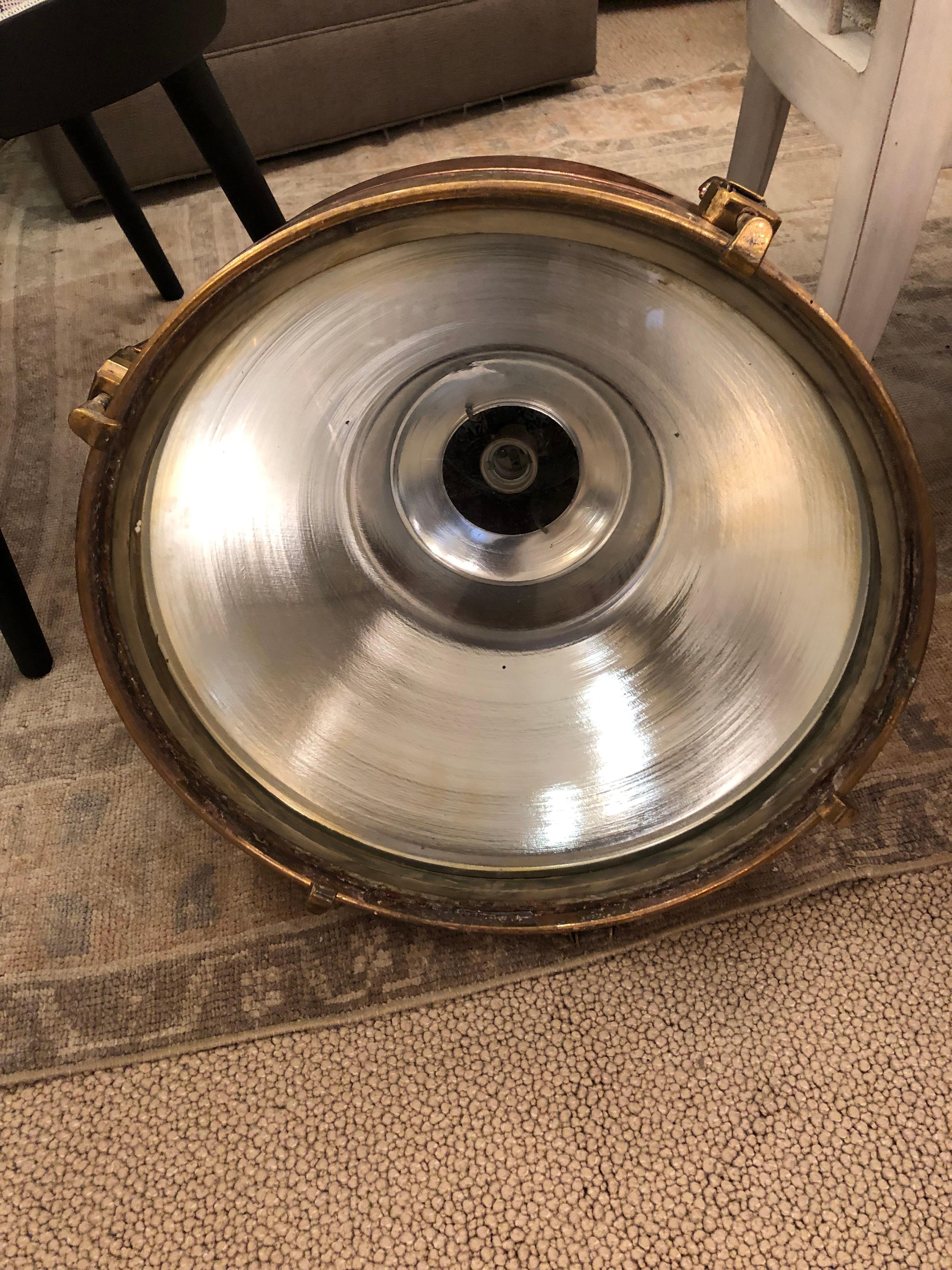 Amazing Huge Nautical Copper & Brass Cargo Pendant Lights In Good Condition For Sale In Hopewell, NJ