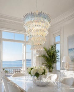 Amazing Italian Opaline Palmette Leaves Chandelier, Murano, 1980