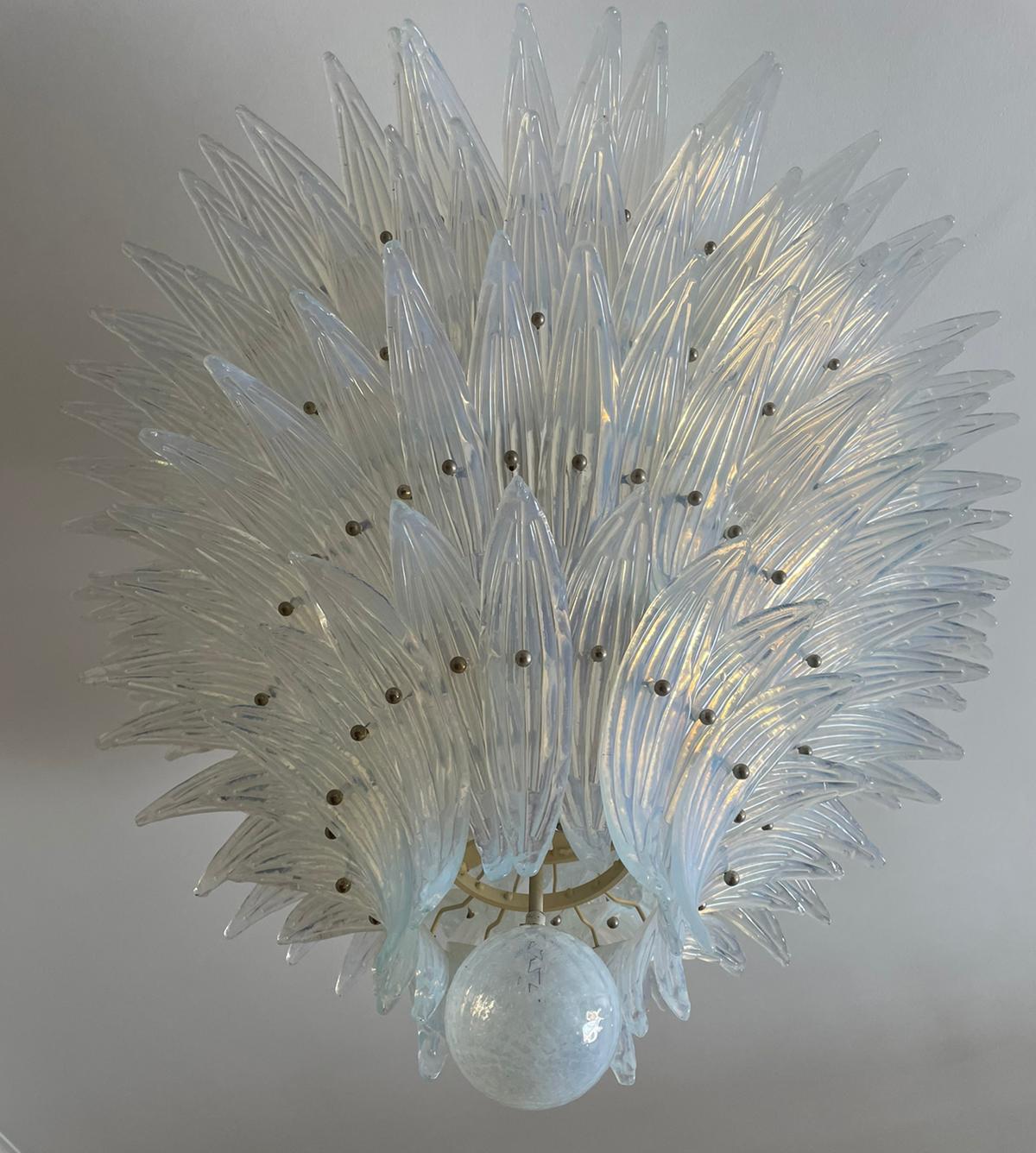 Amazing Italian Opaline Palmette Leaves Chandelier, Murano, 1980 In Excellent Condition In Budapest, HU