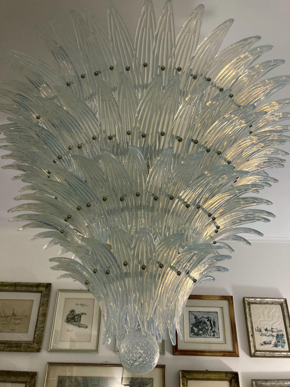 Murano Glass Amazing Italian Opaline Palmette Leaves Chandelier, Murano, 1980