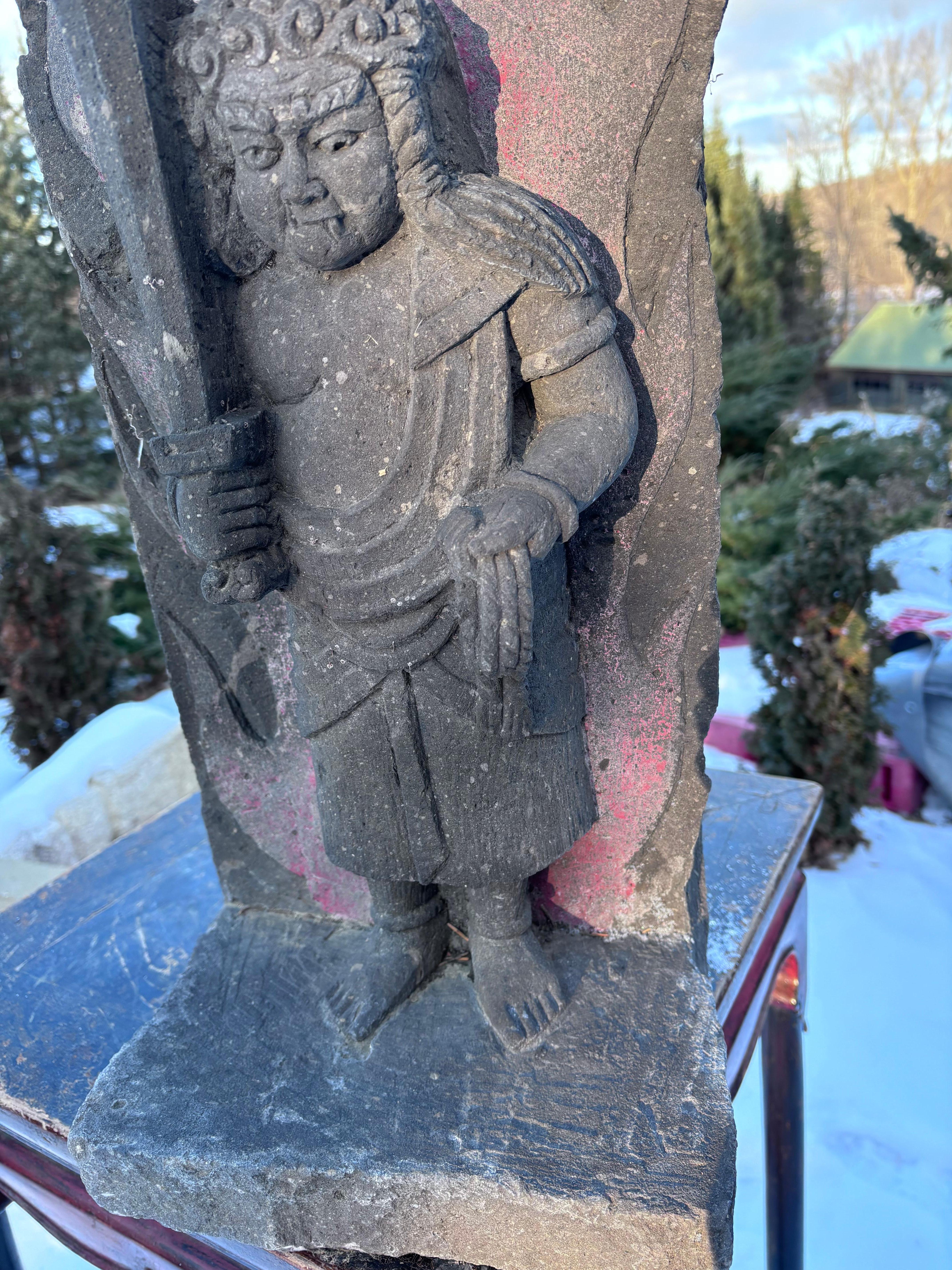 Stone Japanese Antique Spiritual Guardian Garden Ornament Vivid Colors 19c 27 Inches For Sale