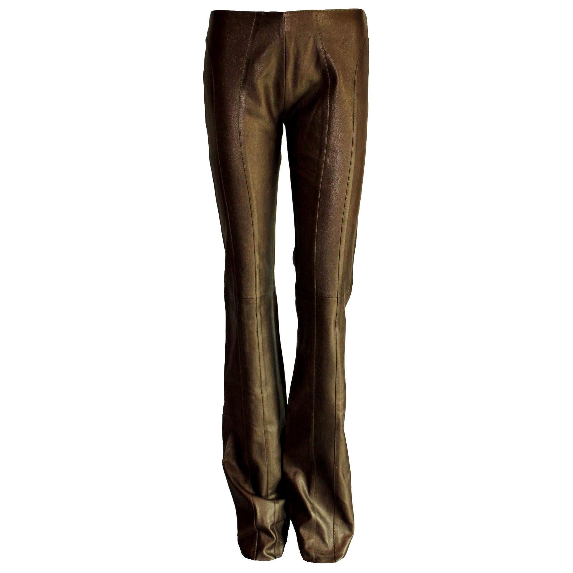 NEW Jitrois Chocolate Brown Metallic Stretch Leather Flare Pants  38 For Sale