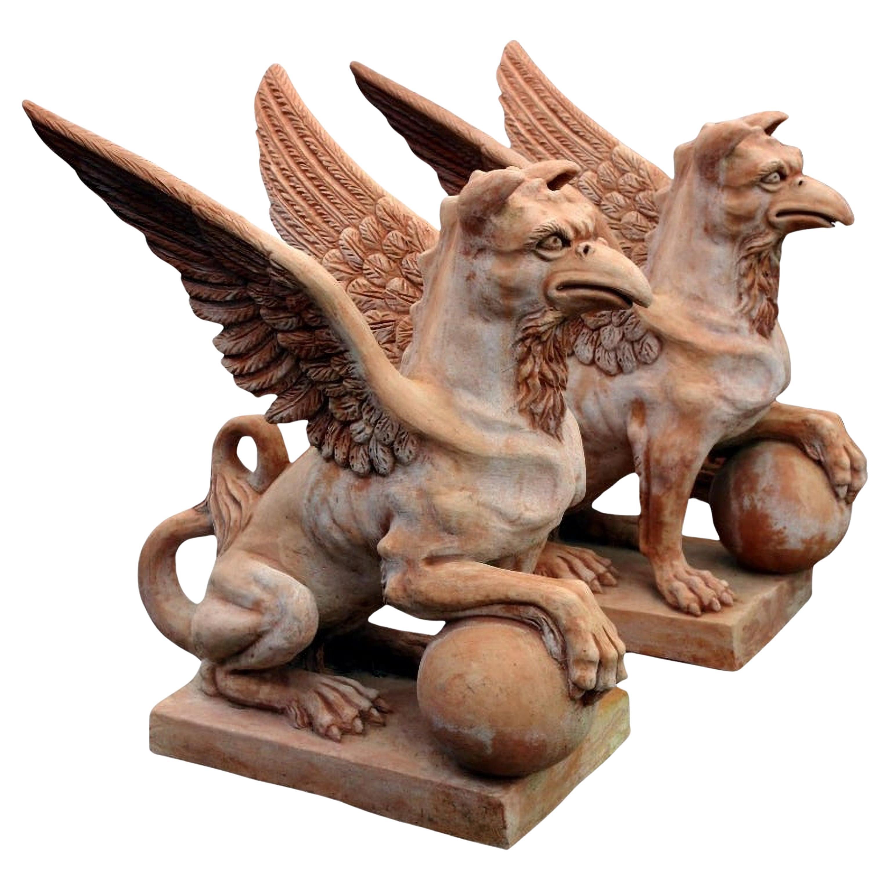 AMAZING LARGE BEAUTIFUL TERRACOTTA GRIFFINS 20th century
