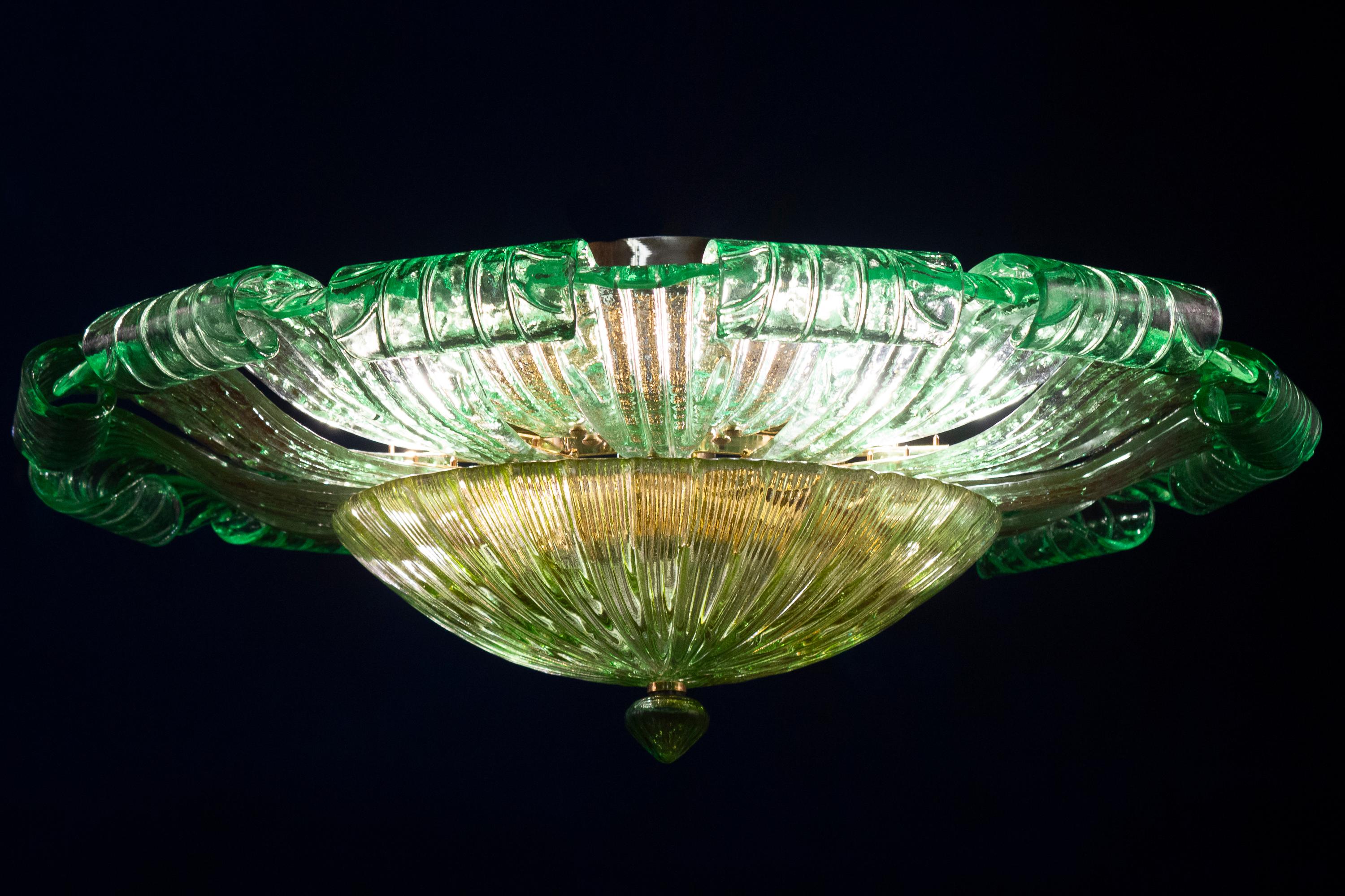 Amazing Large Green Murano Glass Leave Ceiling Light or Chandelier For Sale 3