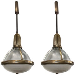 Amazing & Large Pair of French Holophane Arts and Crafts Bronze & Glass Pendants