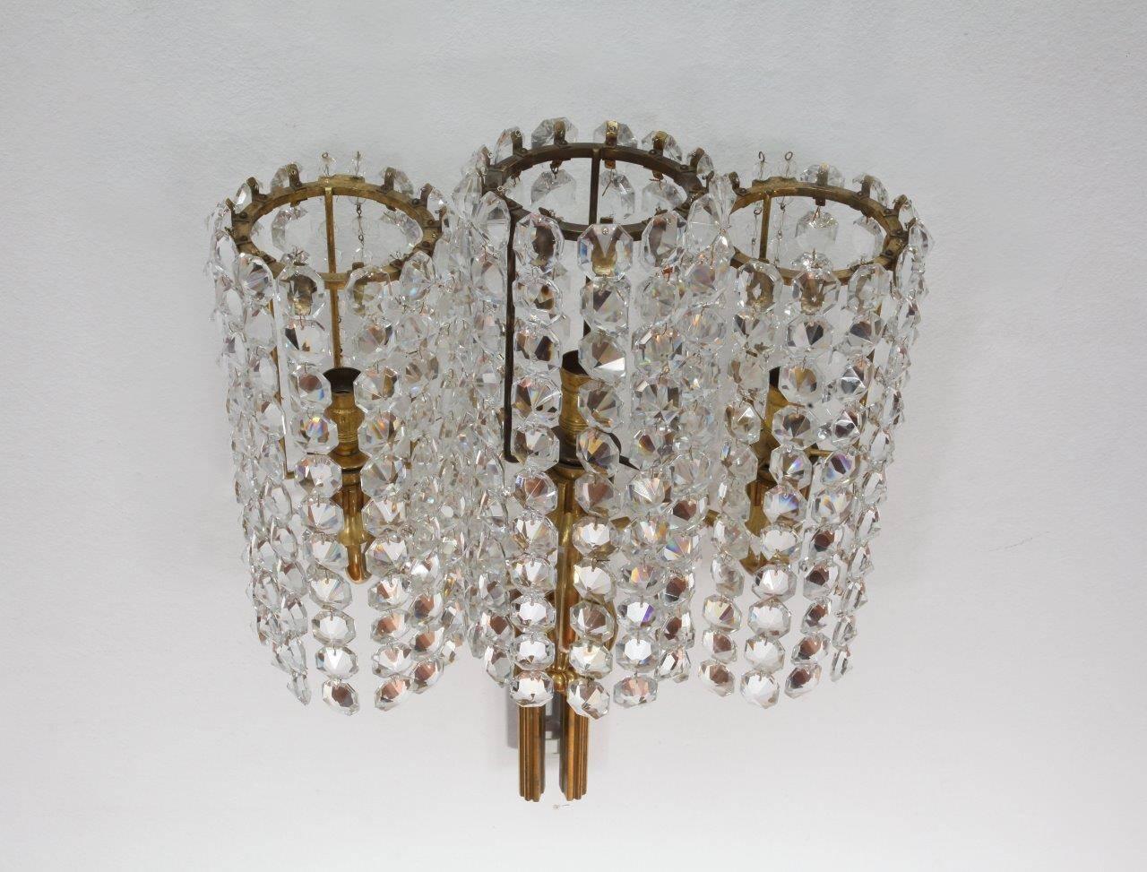 Mid-Century Modern Amazing Large Pair of Wall Crystal Glass Sconces, Bakalowits Attributed, Vienna For Sale