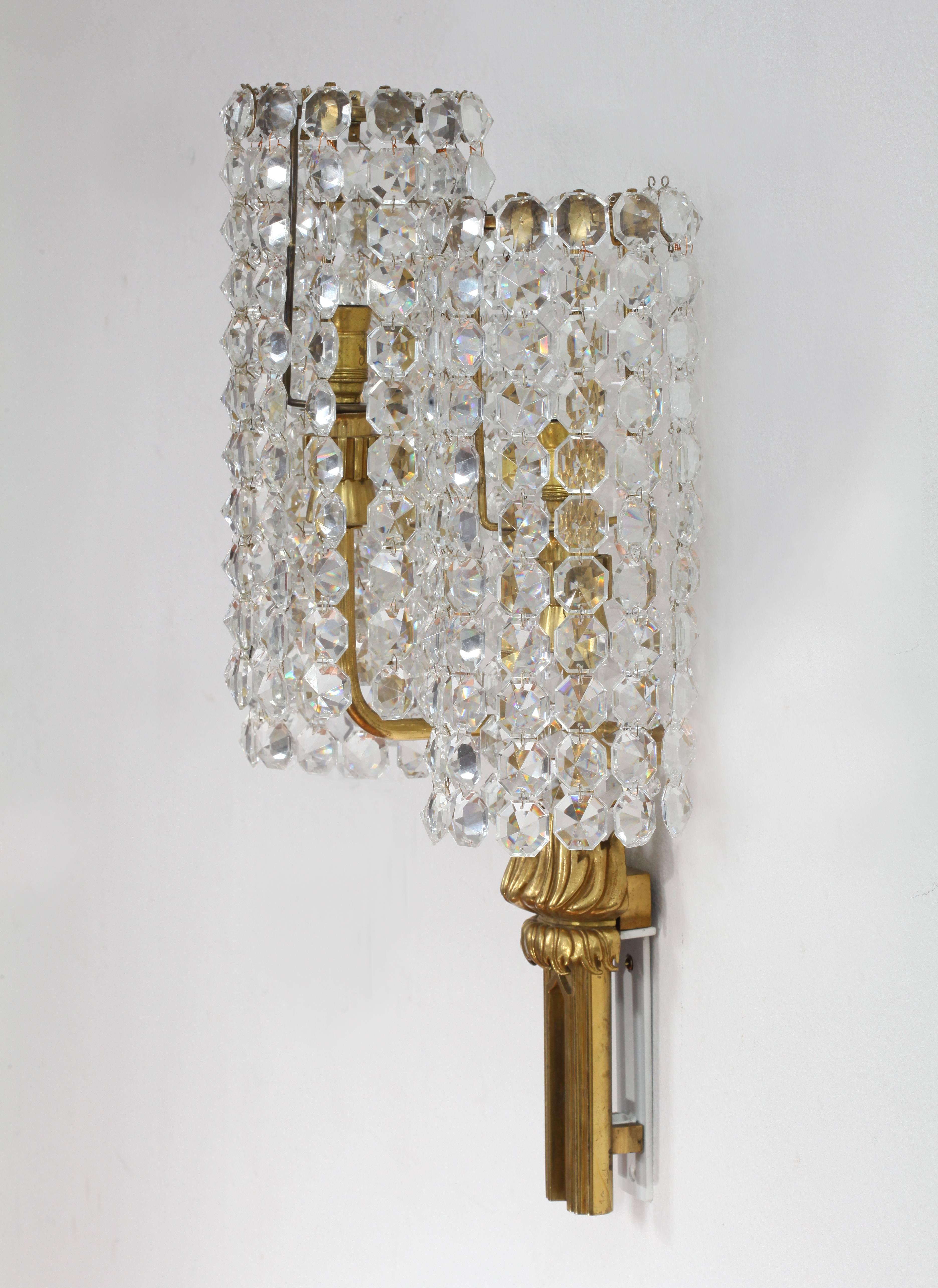Brass Amazing Large Pair of Wall Crystal Glass Sconces, Bakalowits Attributed, Vienna For Sale