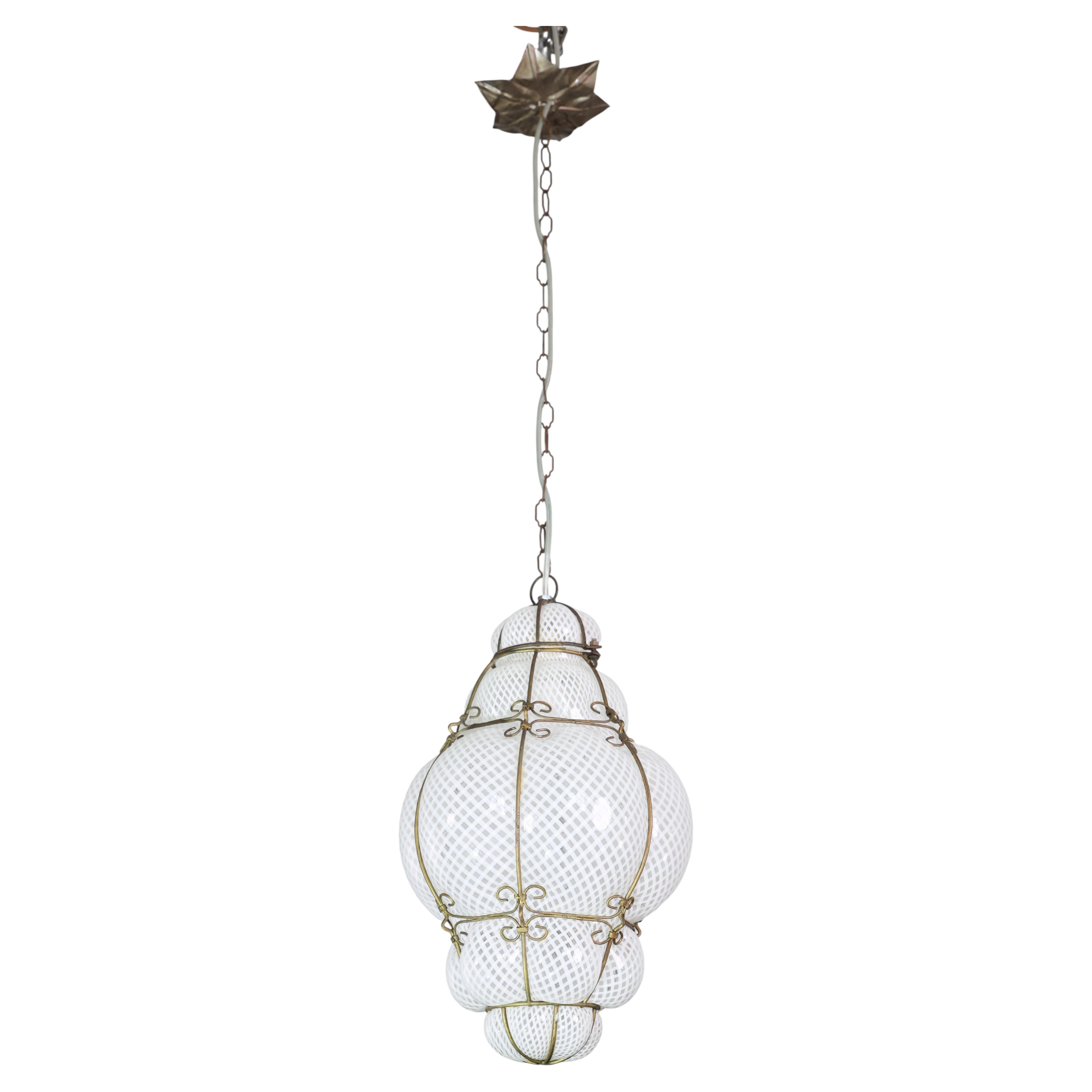 Amazing Large Venetian Lantern in Murano Reticello Glass, 1940s