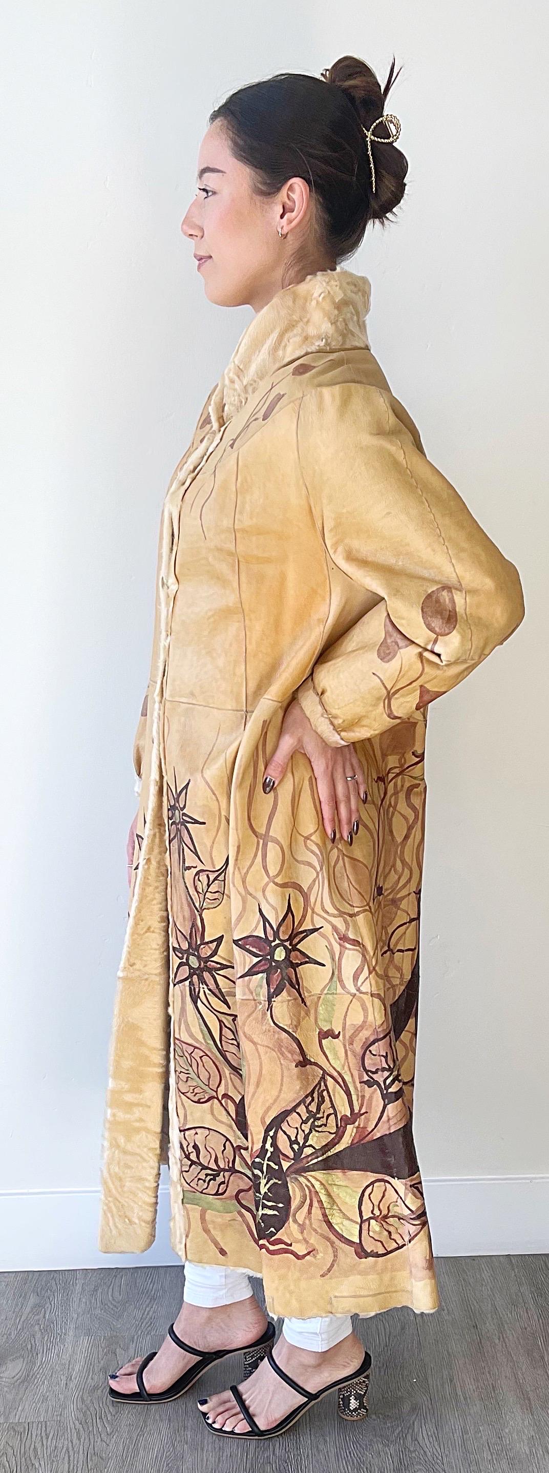 Amazing Late 1970s Hand Painted Leather Shearling Lined 70s Vintage Jacket Coat For Sale 6