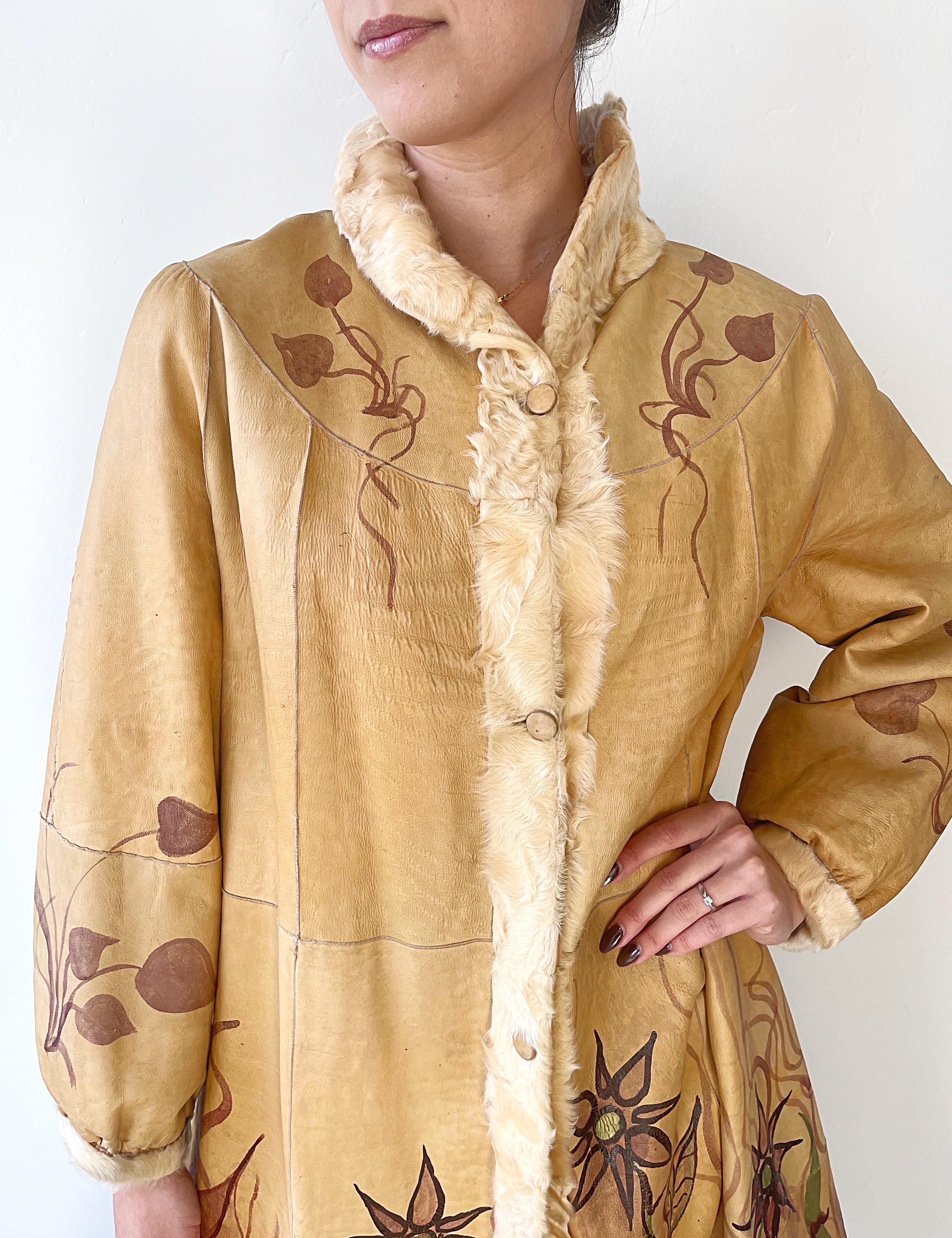 Amazing Late 1970s Hand Painted Leather Shearling Lined 70s Vintage Jacket Coat For Sale 7