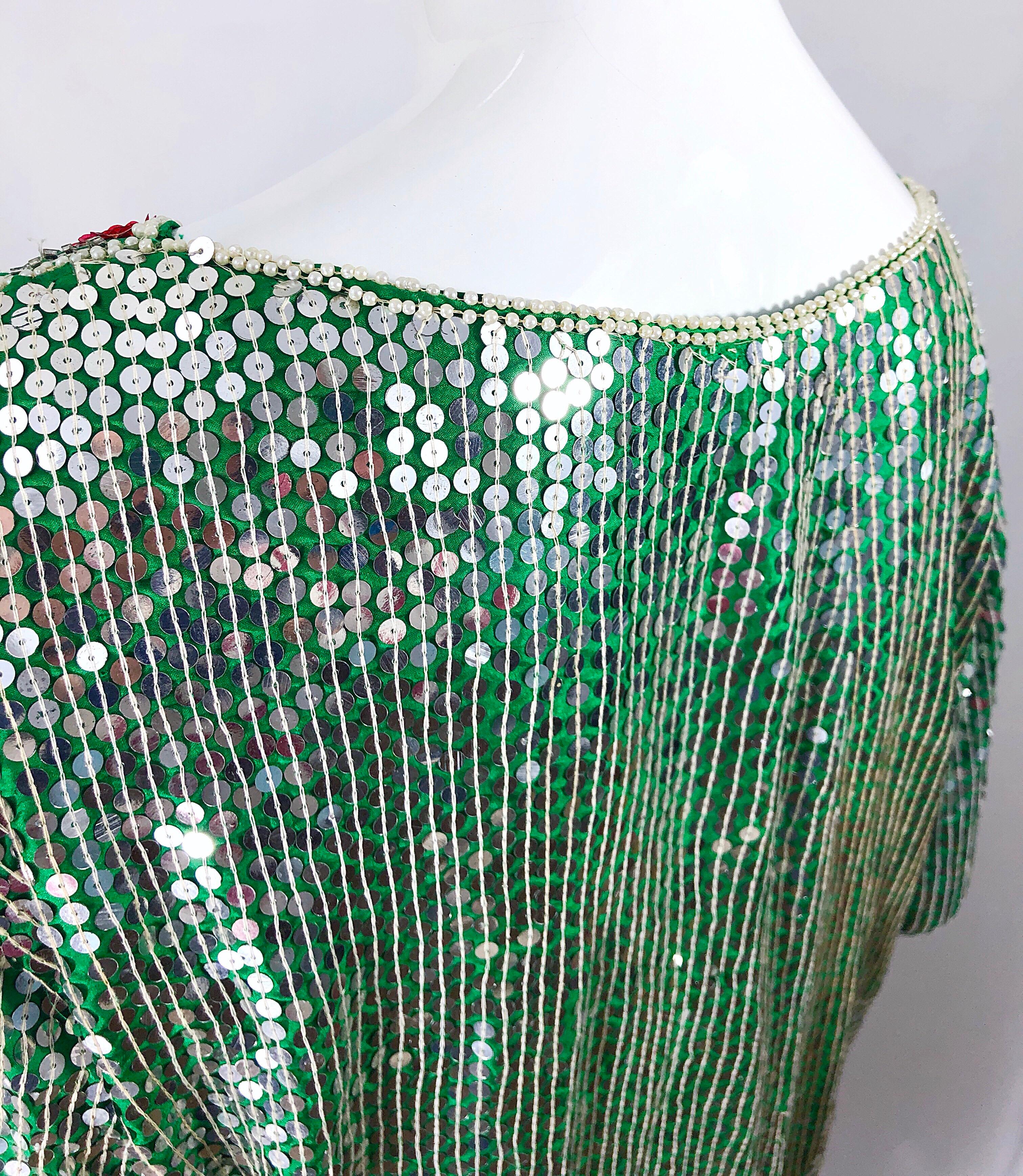 Amazing Late 1970s Plus Size Kelly Green Sequined Vintage 70s Long Sleeve Dress 3