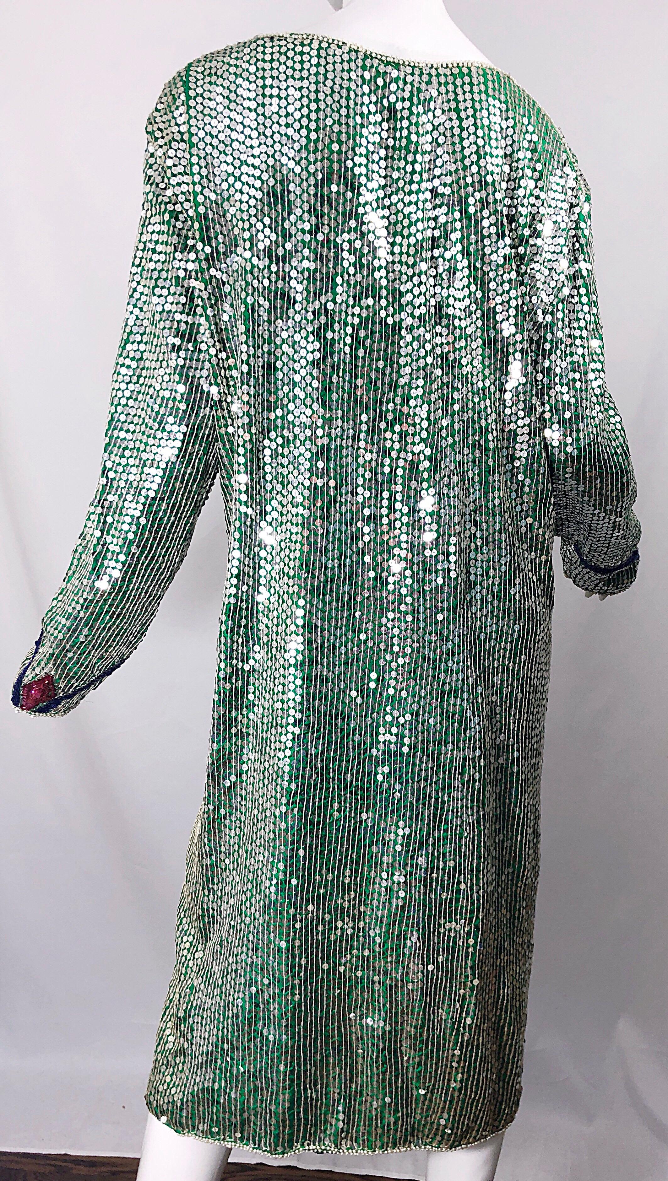 Amazing Late 1970s Plus Size Kelly Green Sequined Vintage 70s Long Sleeve Dress 4