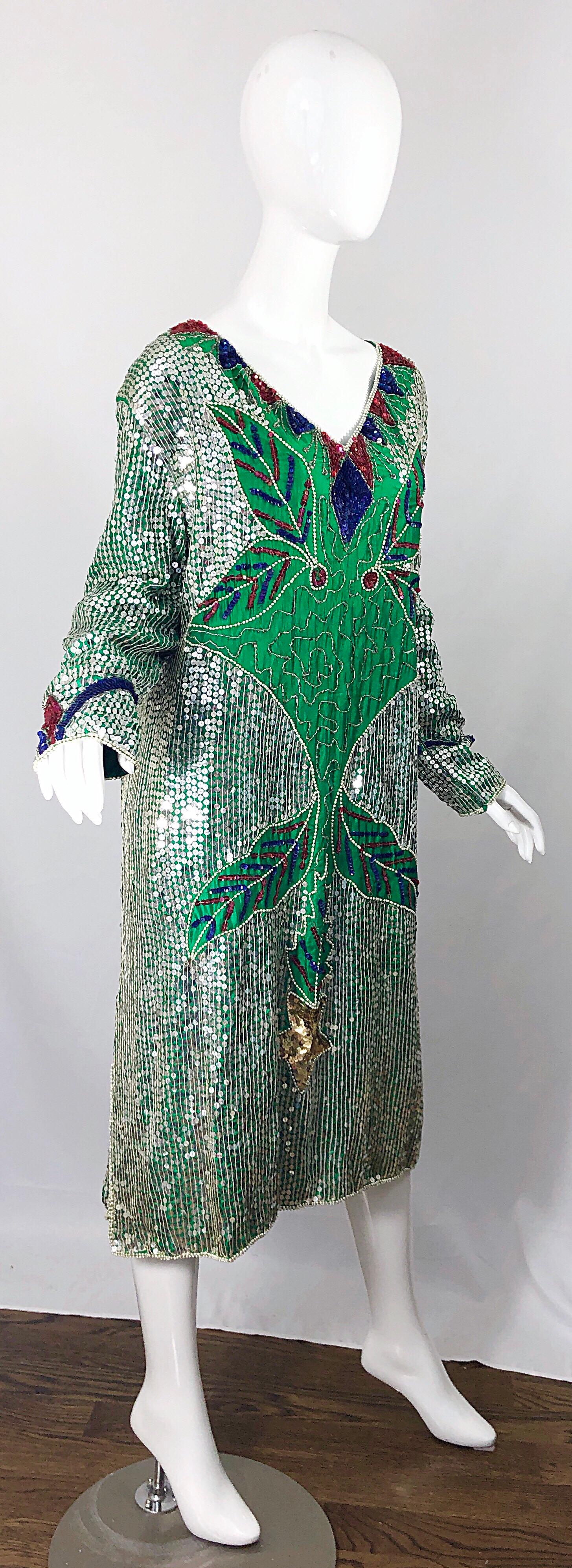 Amazing Late 1970s Plus Size Kelly Green Sequined Vintage 70s Long Sleeve Dress 5