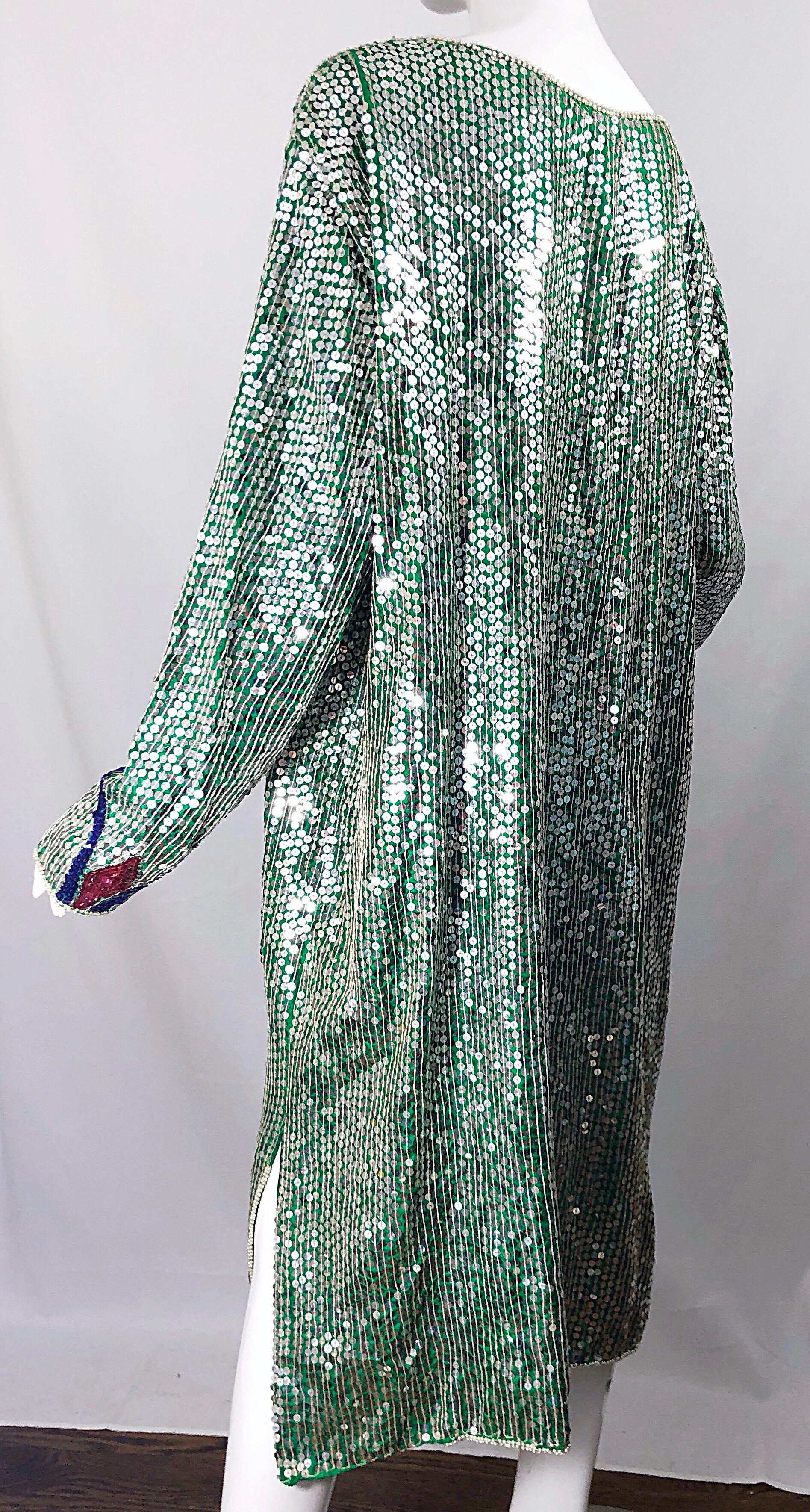 Amazing Late 1970s Plus Size Kelly Green Sequined Vintage 70s Long Sleeve Dress 6
