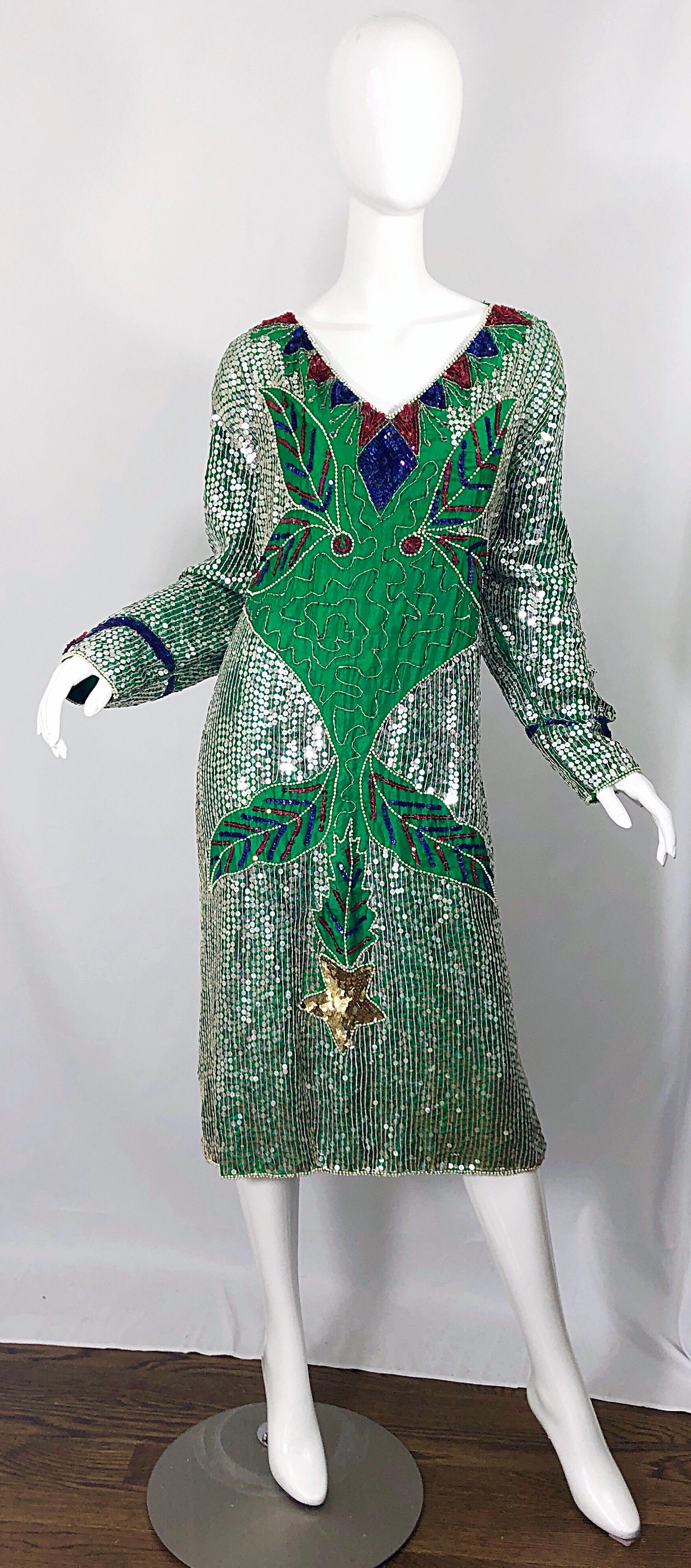 Amazing Late 1970s Plus Size Kelly Green Sequined Vintage 70s Long Sleeve Dress 7