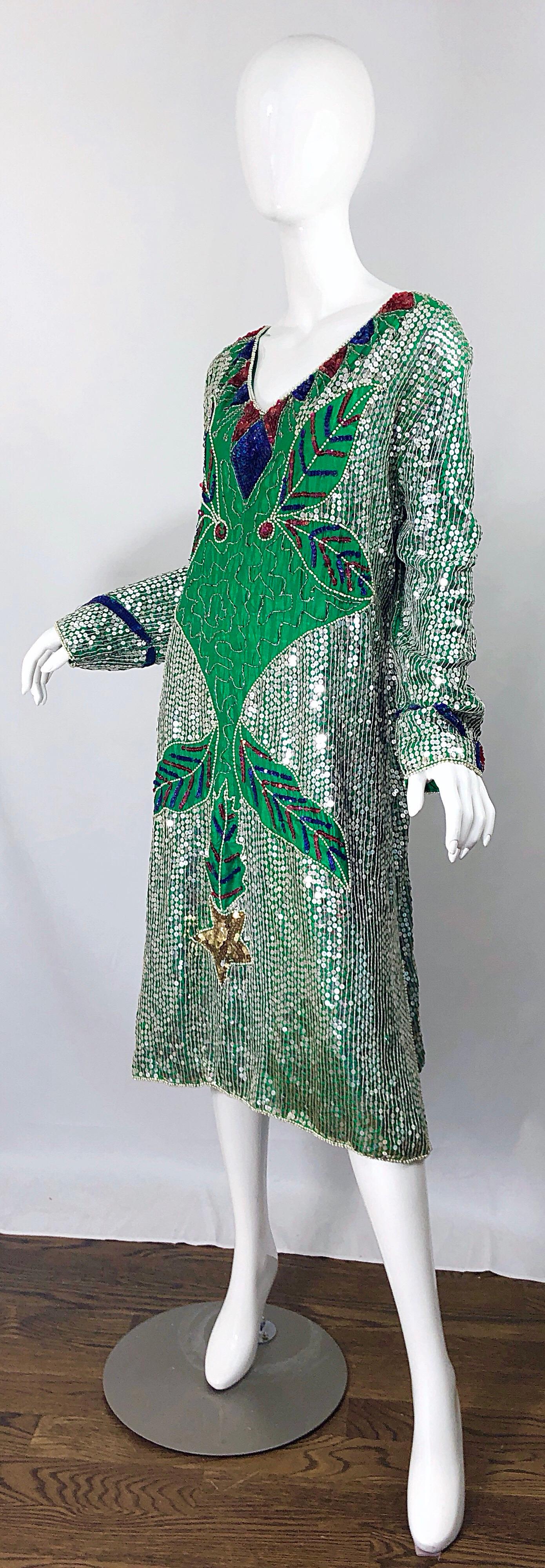 Amazing Late 1970s Plus Size Kelly Green Sequined Vintage 70s Long Sleeve Dress In Good Condition In San Diego, CA