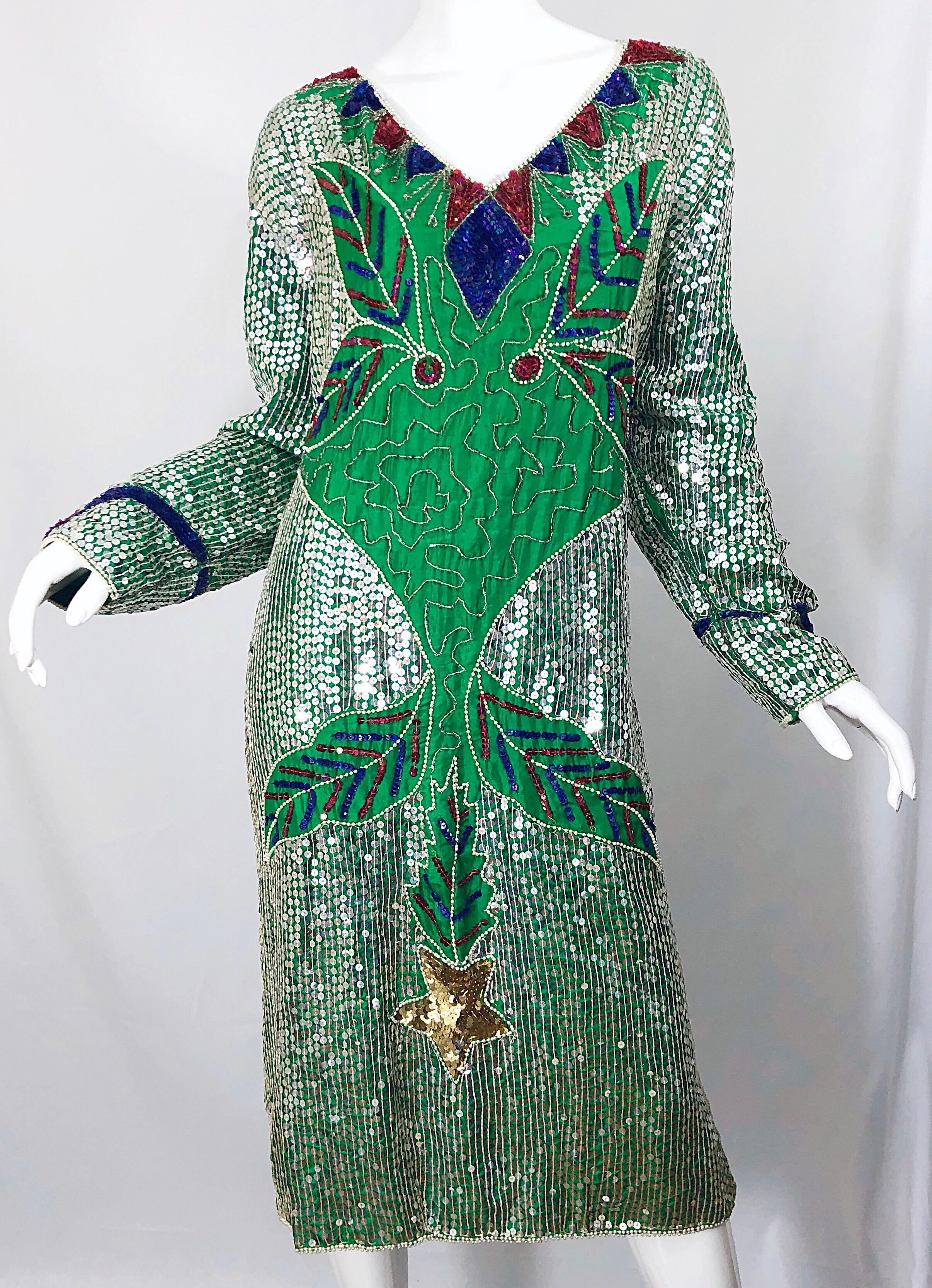 Women's Amazing Late 1970s Plus Size Kelly Green Sequined Vintage 70s Long Sleeve Dress
