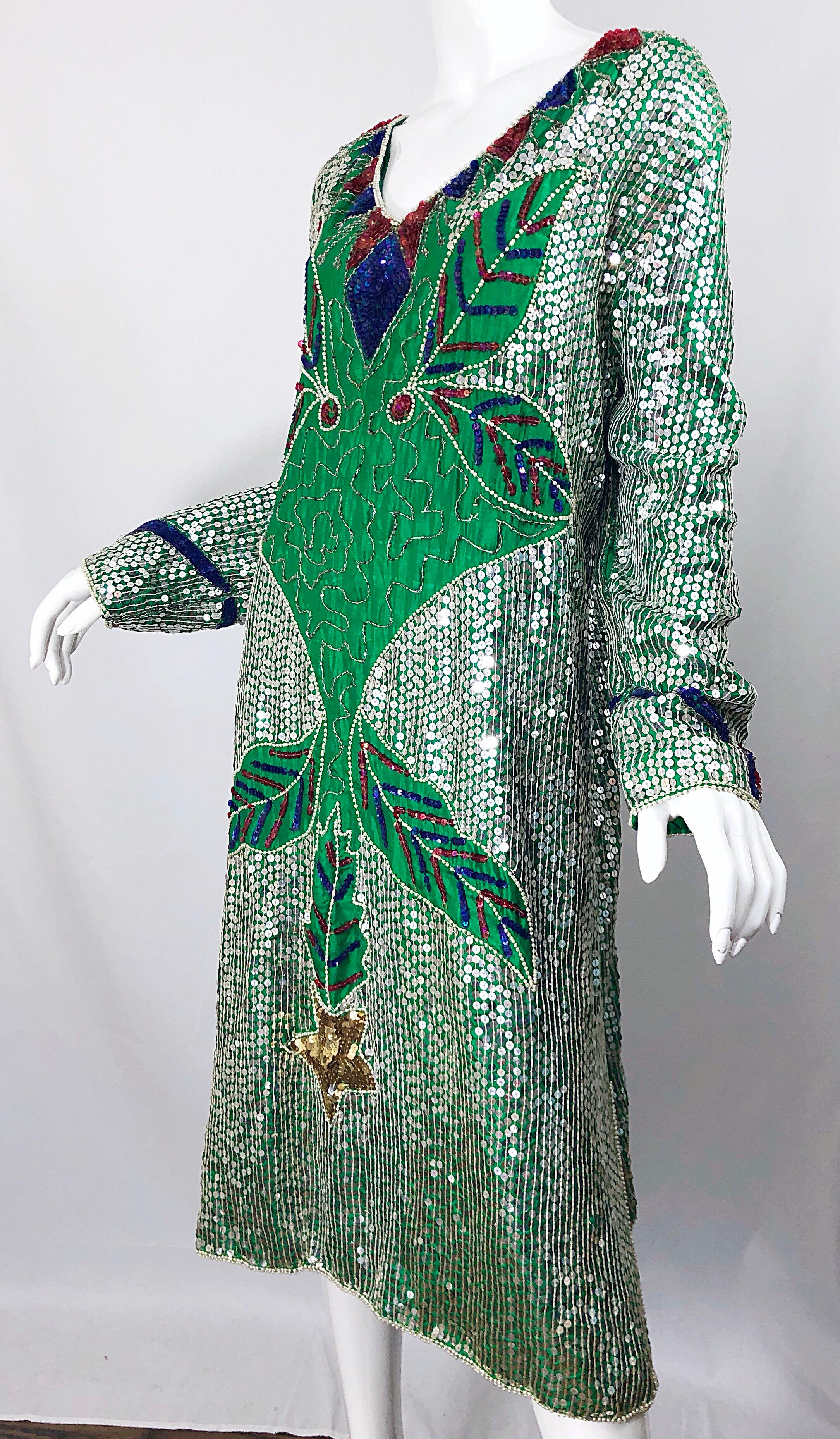 Amazing Late 1970s Plus Size Kelly Green Sequined Vintage 70s Long Sleeve Dress 1
