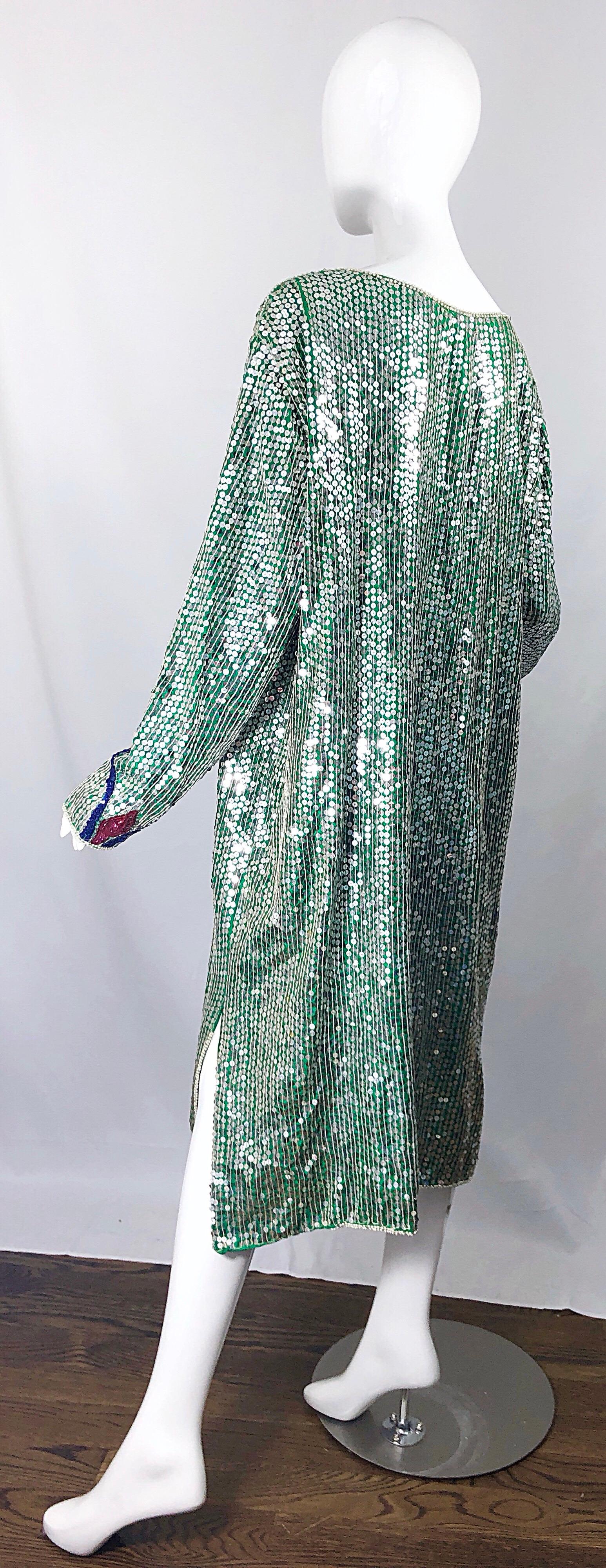 Amazing Late 1970s Plus Size Kelly Green Sequined Vintage 70s Long Sleeve Dress 2