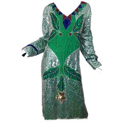 Amazing Late 1970s Plus Size Kelly Green Sequined Vintage 70s Long Sleeve Dress