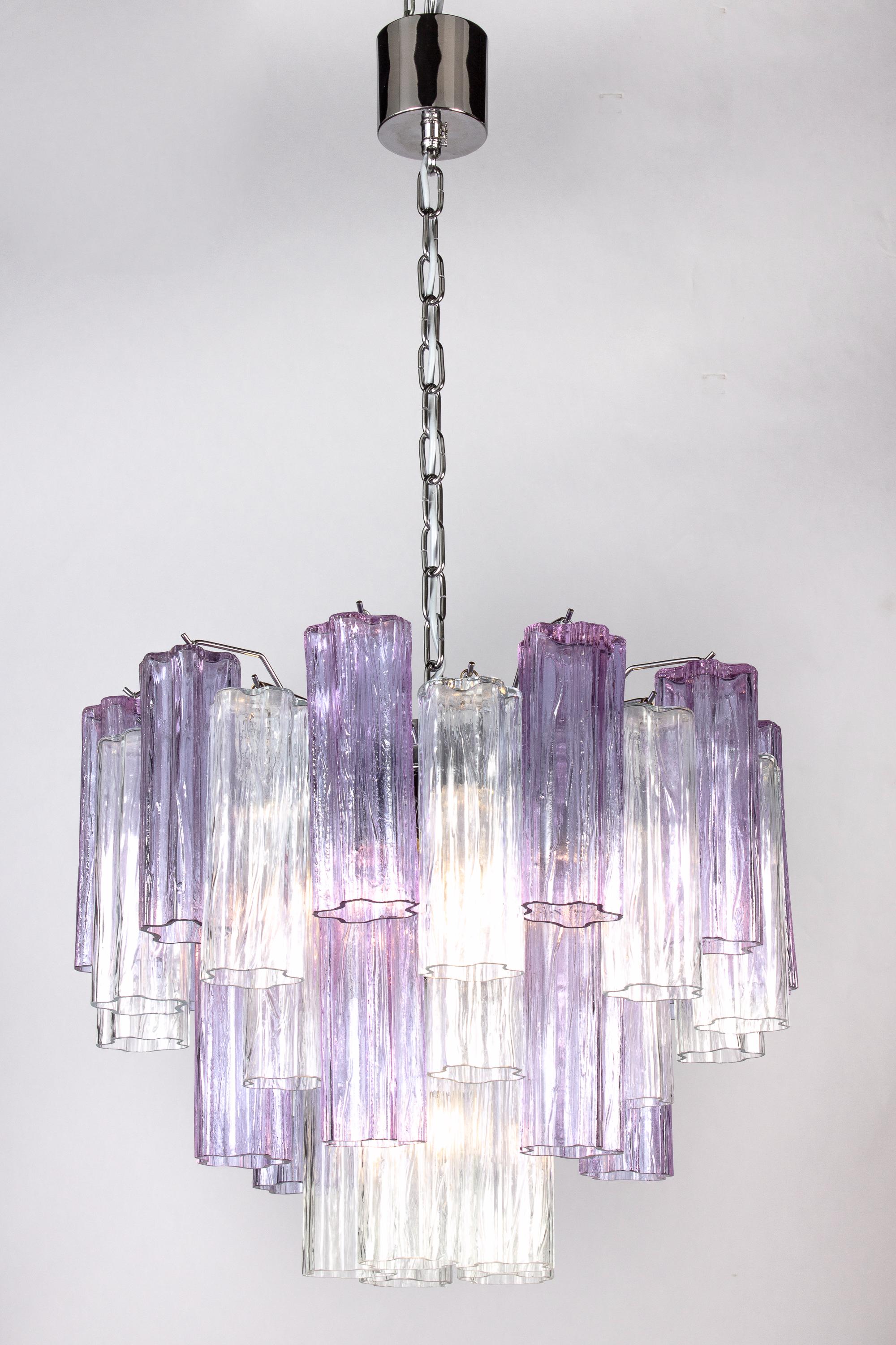 Italian Amazing Lavender and Clear Tronchi Murano Glass Chandelier For Sale