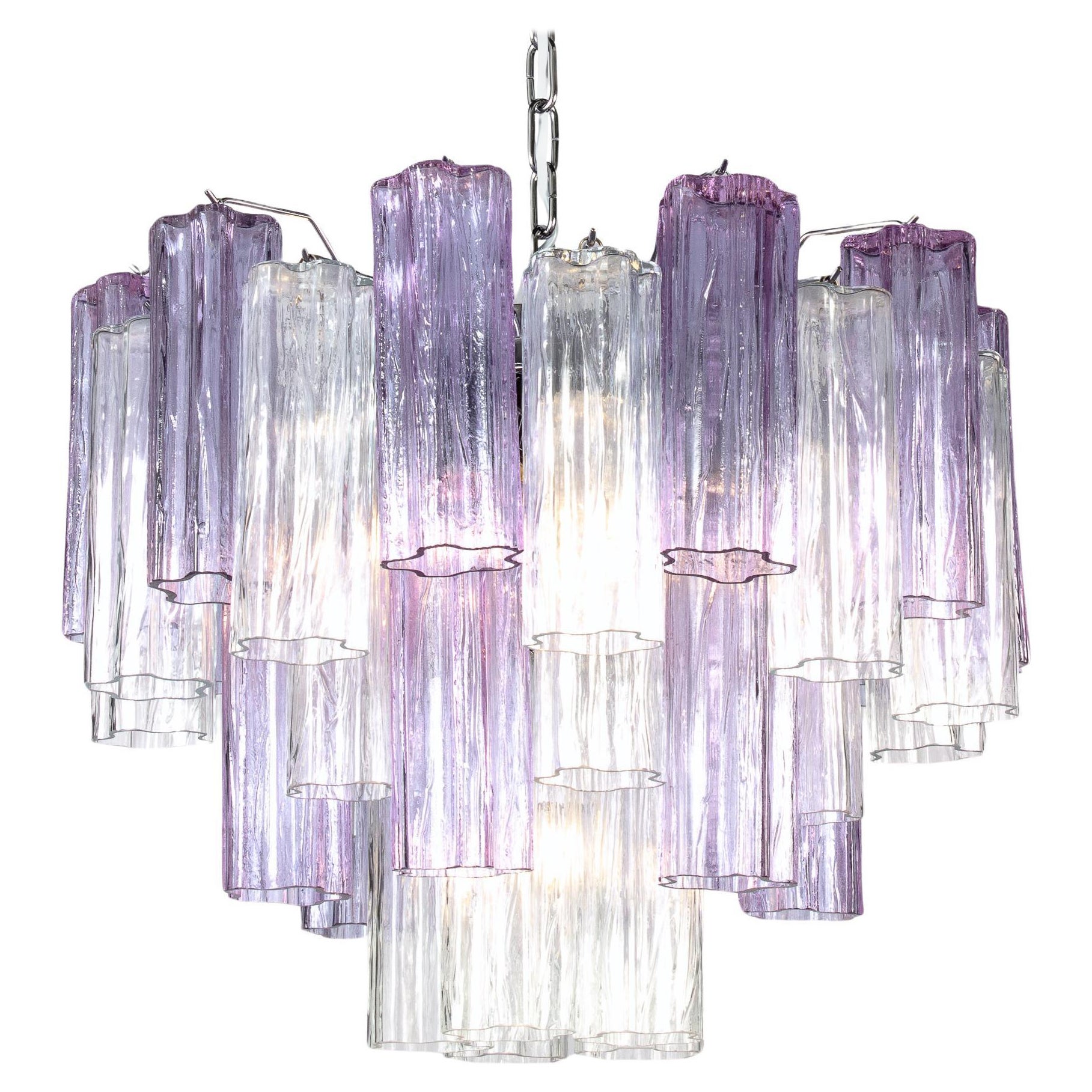 Incredibile lampadario in vetro di Murano color lavanda e trasparente di Tronchi in vendita
