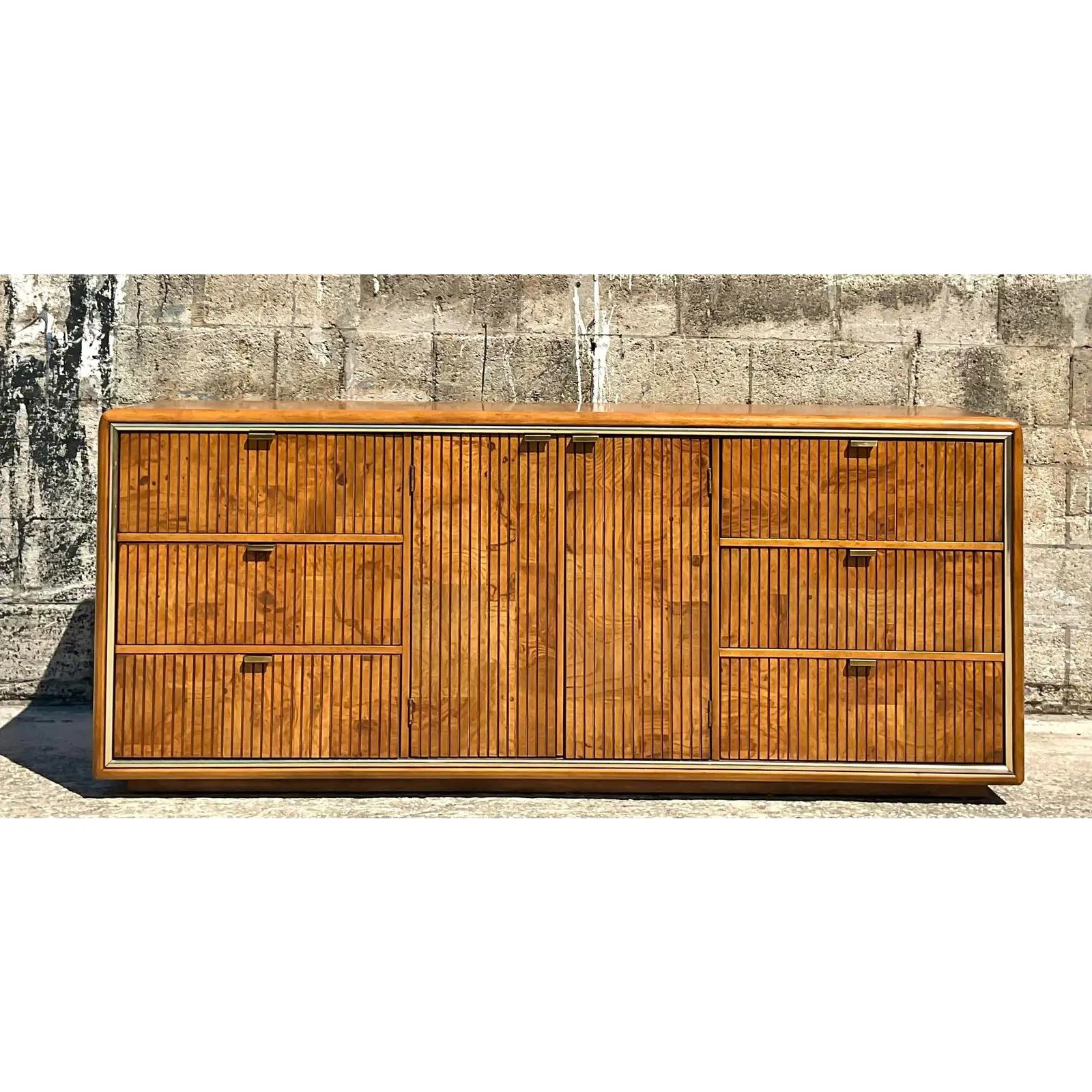 North American Amazing MCM American of Martinsville Ribbed Burl Wood Credenza
