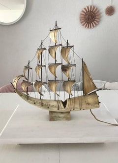 Amazing Midcentury Horn Made Sailing Yacht Table Lamp with Swiss Music Movement