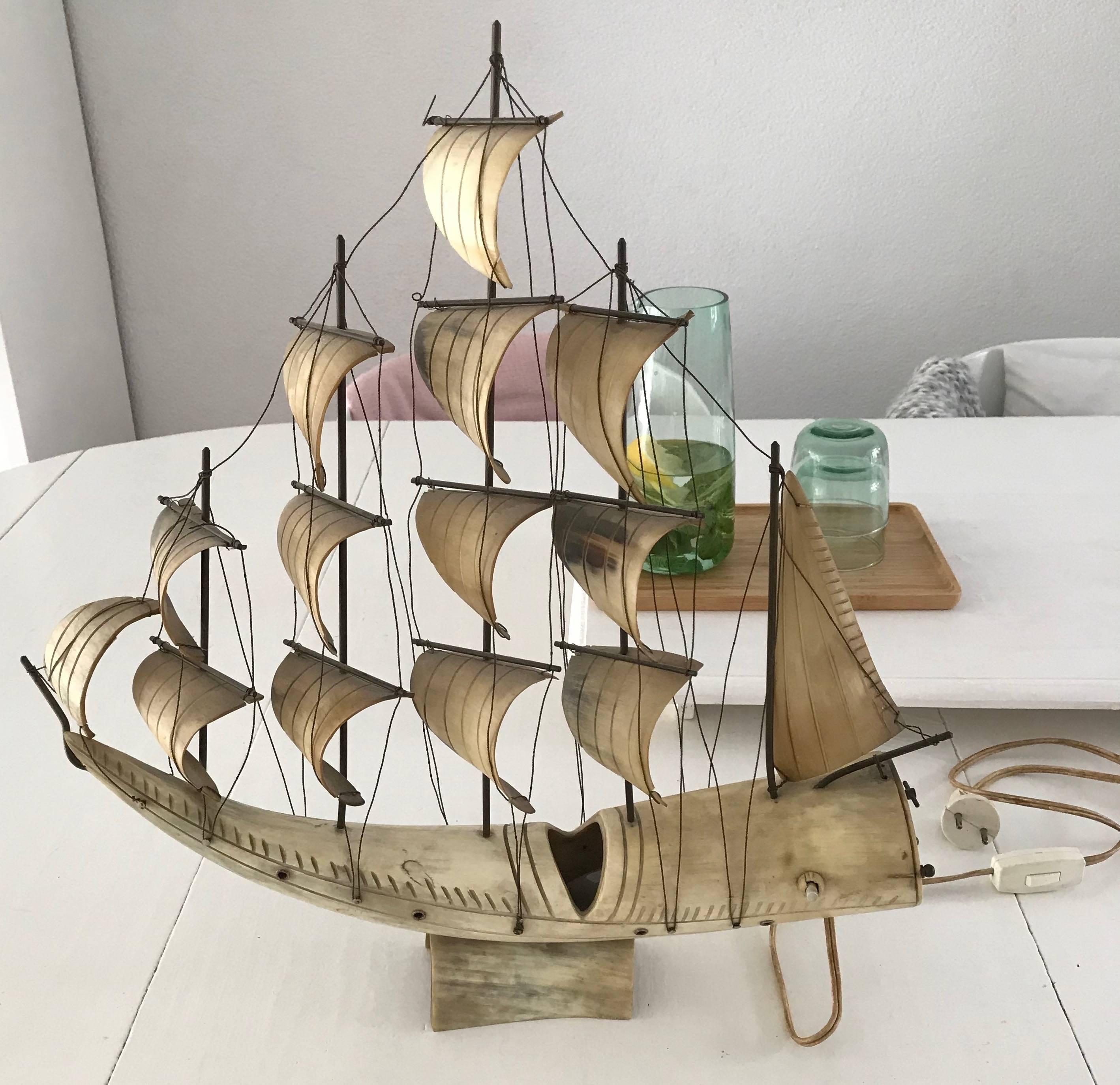 Folk Art Amazing Midcentury Horn Made Sailing Yacht Table Lamp with Swiss Music Movement