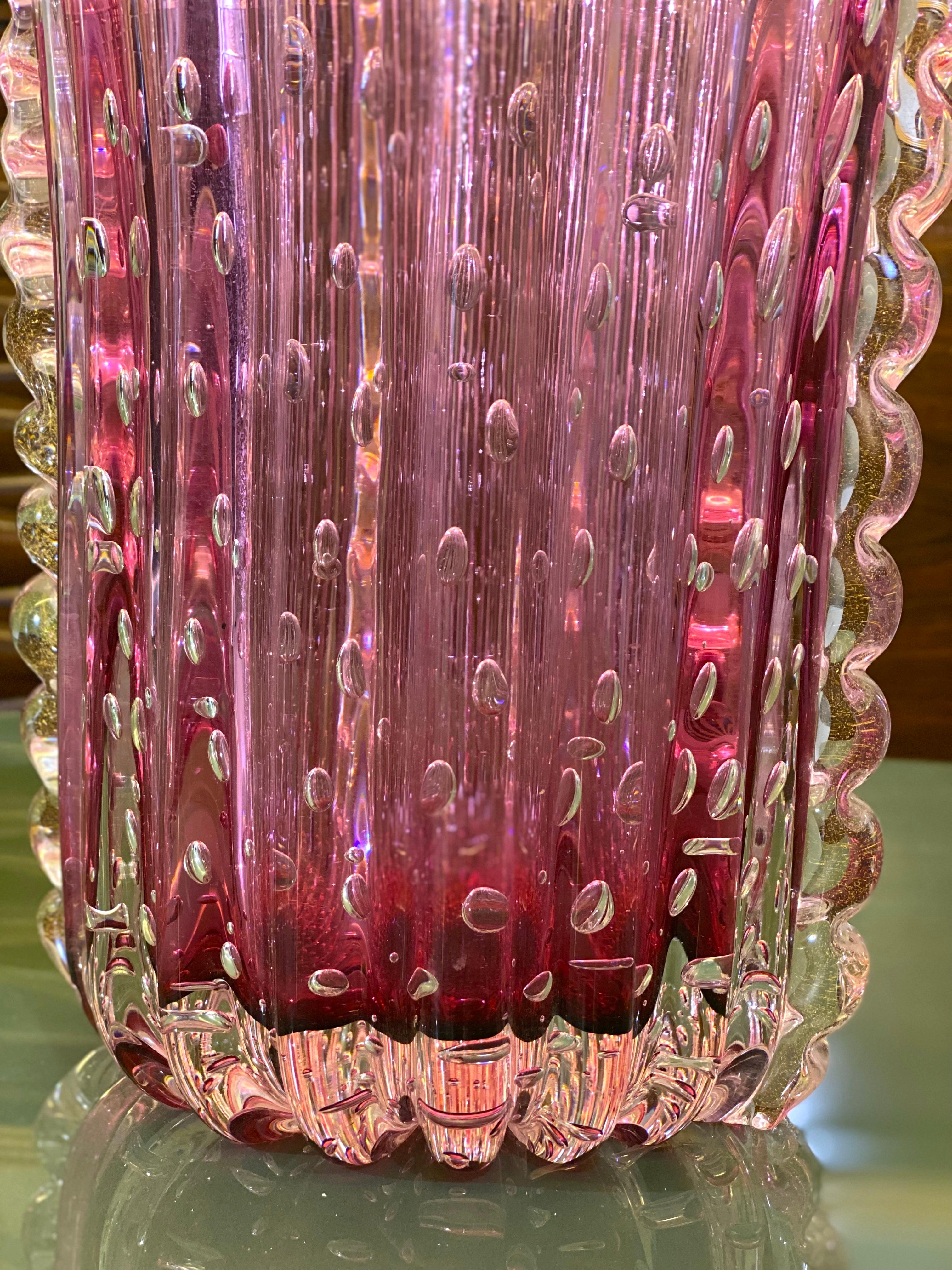 Mid-20th Century Amazing  Mid Century Pink Murano Glass Vase Signed Toso  For Sale
