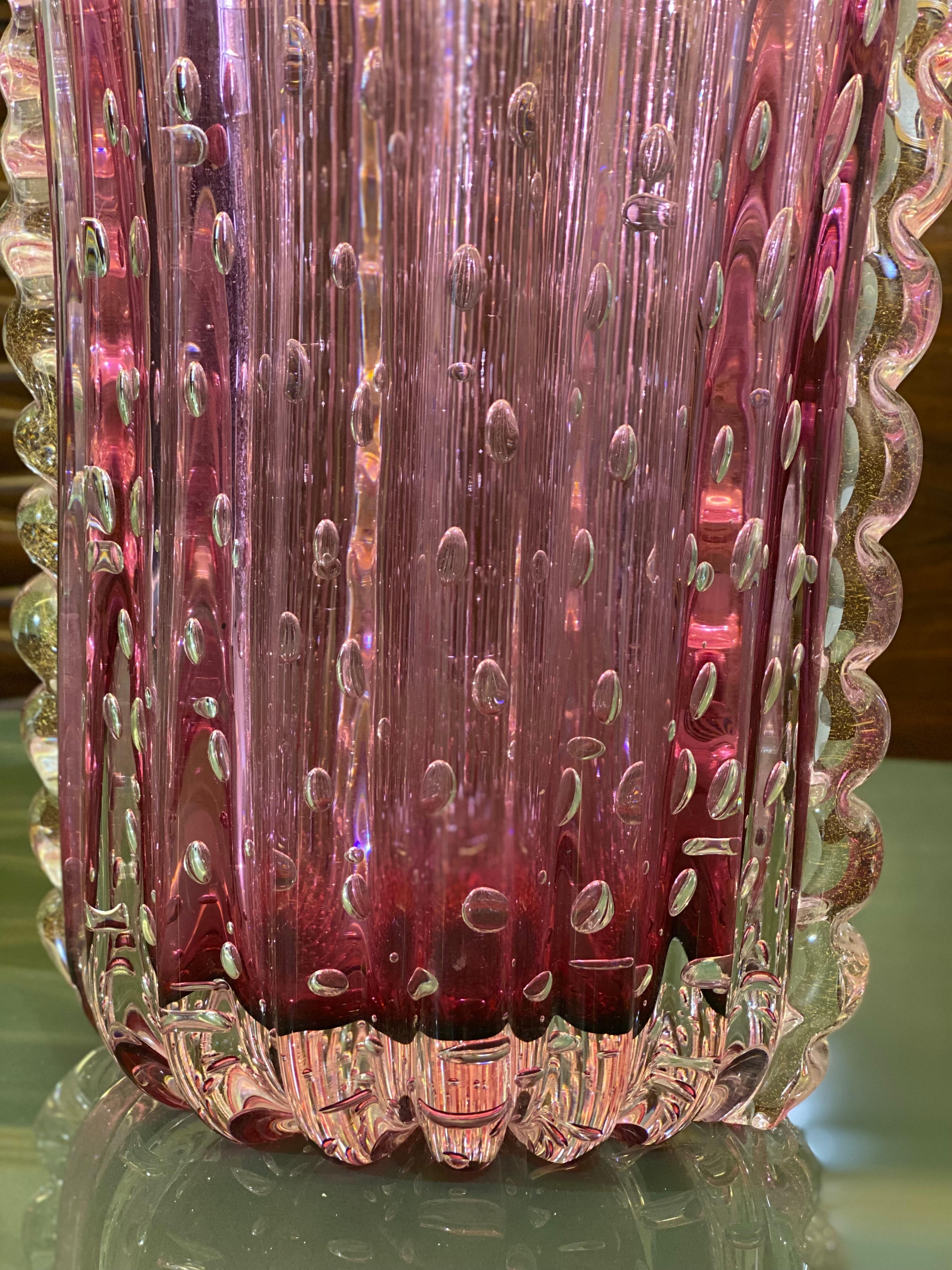 Blown Glass Amazing  Mid Century Pink Murano Glass Vase Signed Toso  For Sale