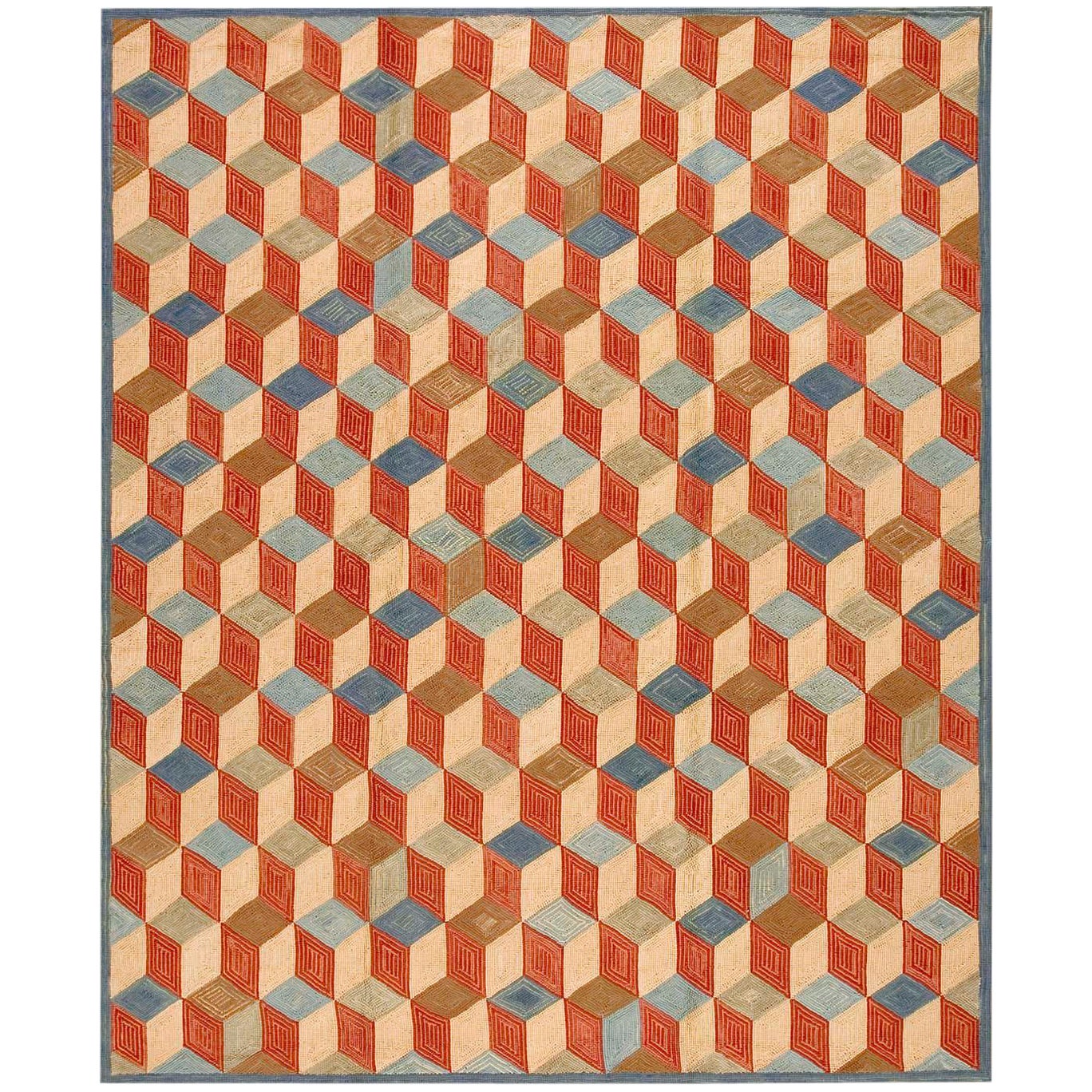 Amazing Multicolor Square Pattern Contemporary American Hooked Rug 9 x 12