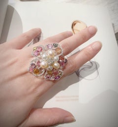 Amazing Multicolour Sapphire Pearl Diamond Floral Cocktail 18K White Gold Ring
