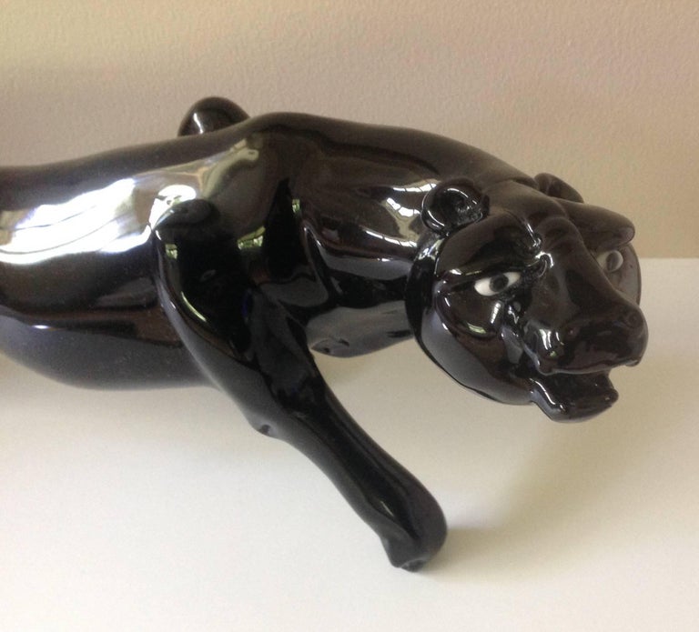 Amazing Murano Black Panther Sculpture by Pino Signoretto For Sale