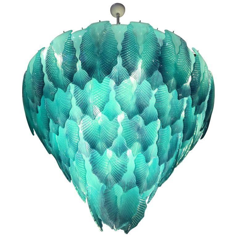 Extraordinary Murano chandelier composed of countless of leaves color glass sea water.
   
