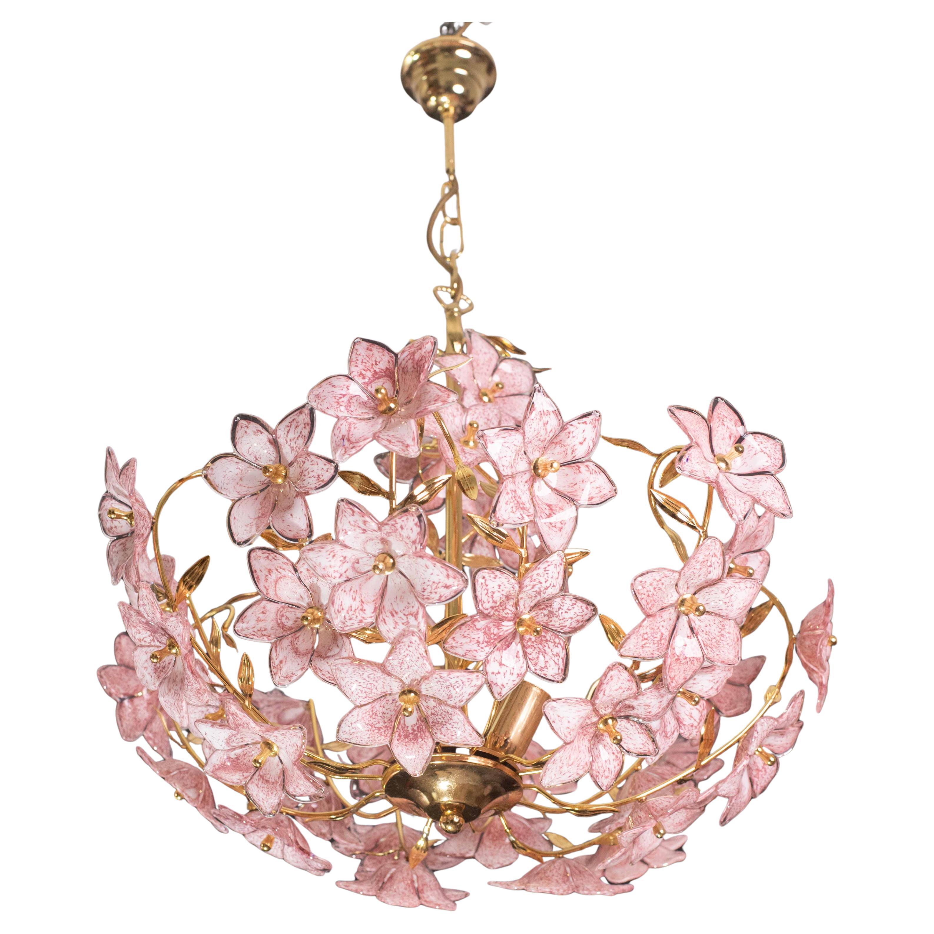 Amazing Murano Chandelier Full of Pink Flowers, 1980s