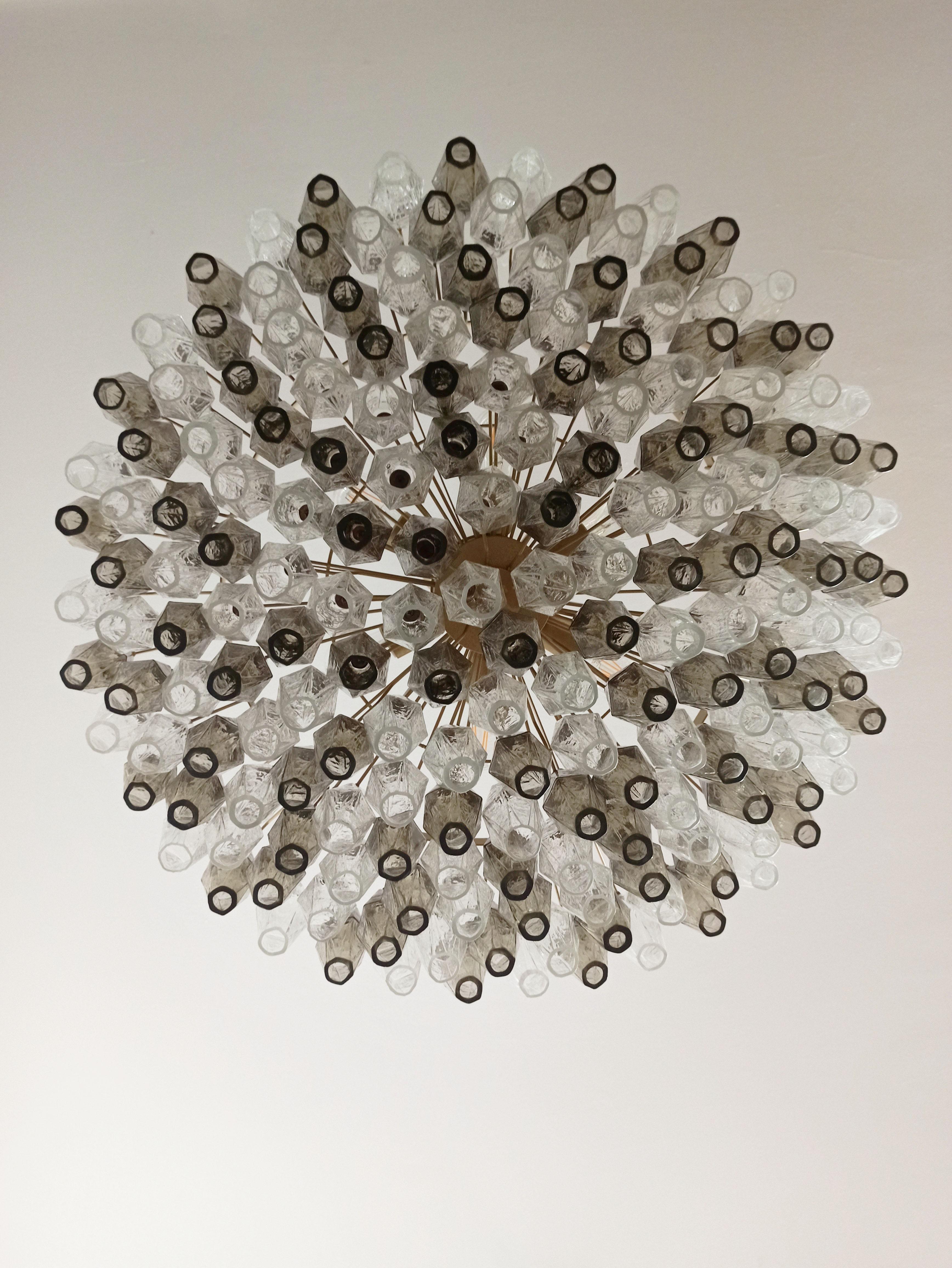 Blown Glass Amazing Murano Glass Candelier, 185 Poliedri Clear and Smoked