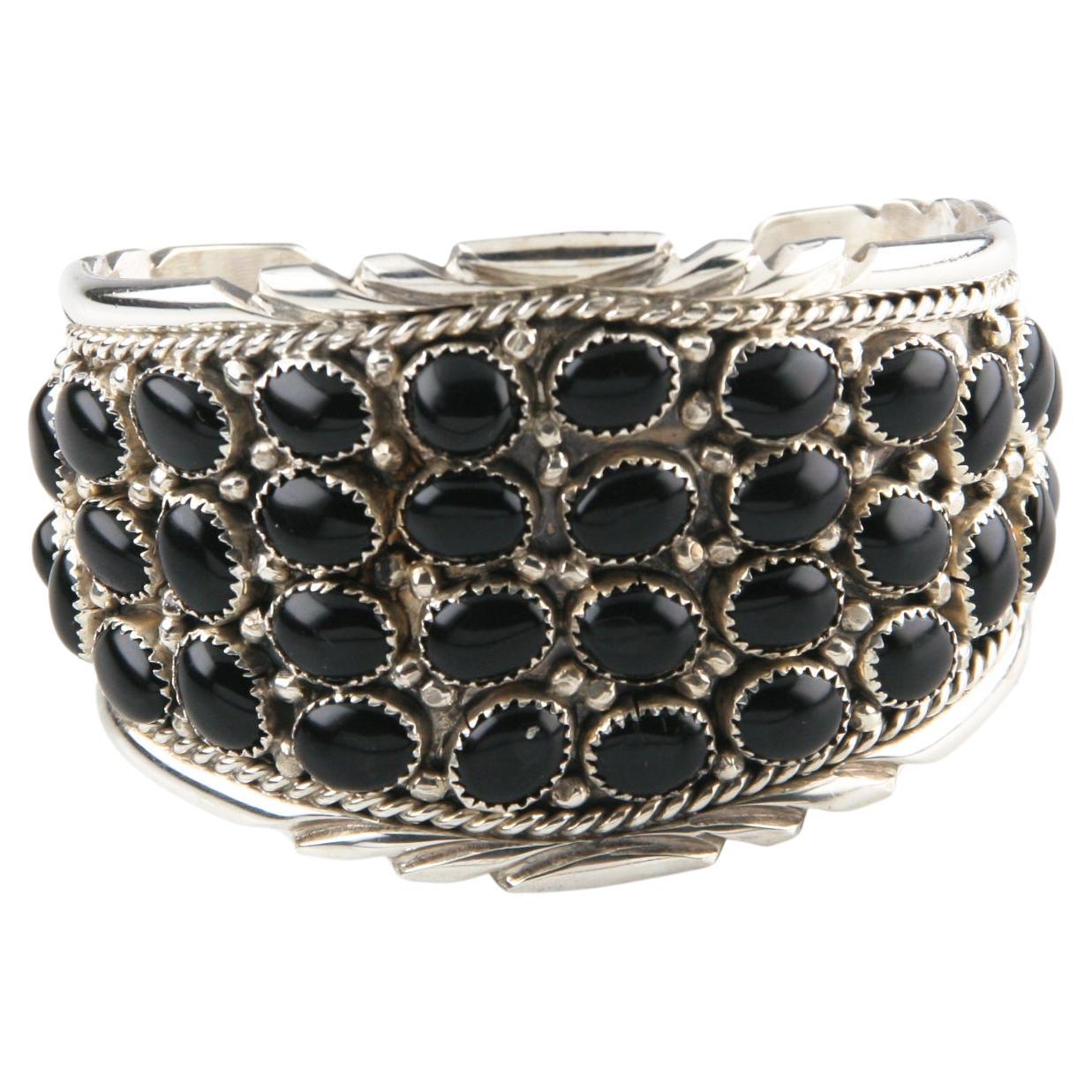 Amazing Native American Vintage Navajo Silver and Onyx Cuff Bracelet, Size 7