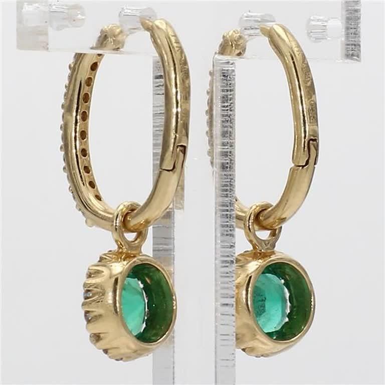 Round Cut Natural Round Emerald and White Diamond 1.35 Carat TW Yellow Gold Drop Earrings For Sale