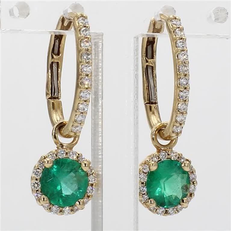 Natural Round Emerald and White Diamond 1.35 Carat TW Yellow Gold Drop Earrings For Sale 1