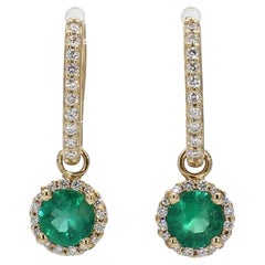 Natural .51 Carat Round Emerald and White Diamond Yellow Gold Drop Earrings