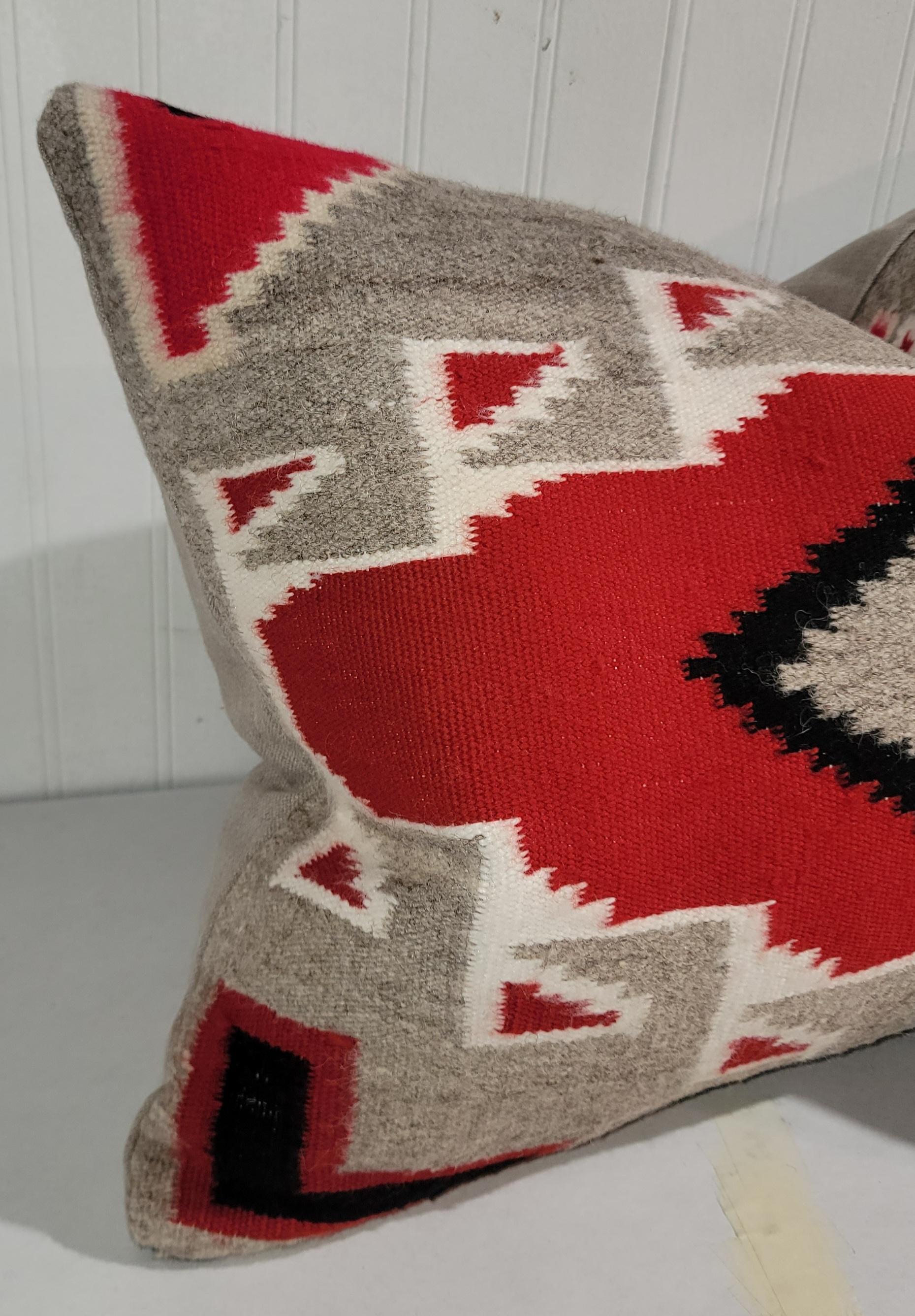 Navajo Indian weaving geometric bolster pillows with taupe cotton linen backings.The inserts are down & feather fill.Sold as a pair.