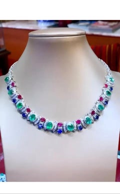 AIG Certified 32.86 Carat Emeralds, Rubies, Sapphires Diamonds 18k Gold Necklace