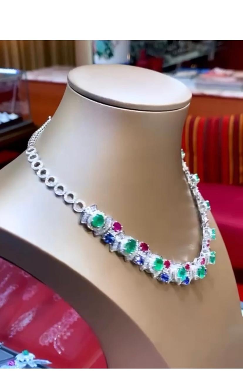 Oval Cut AIG Certified 32.86 Carat Emeralds, Rubies, Sapphires Diamonds 18k Gold Necklace For Sale