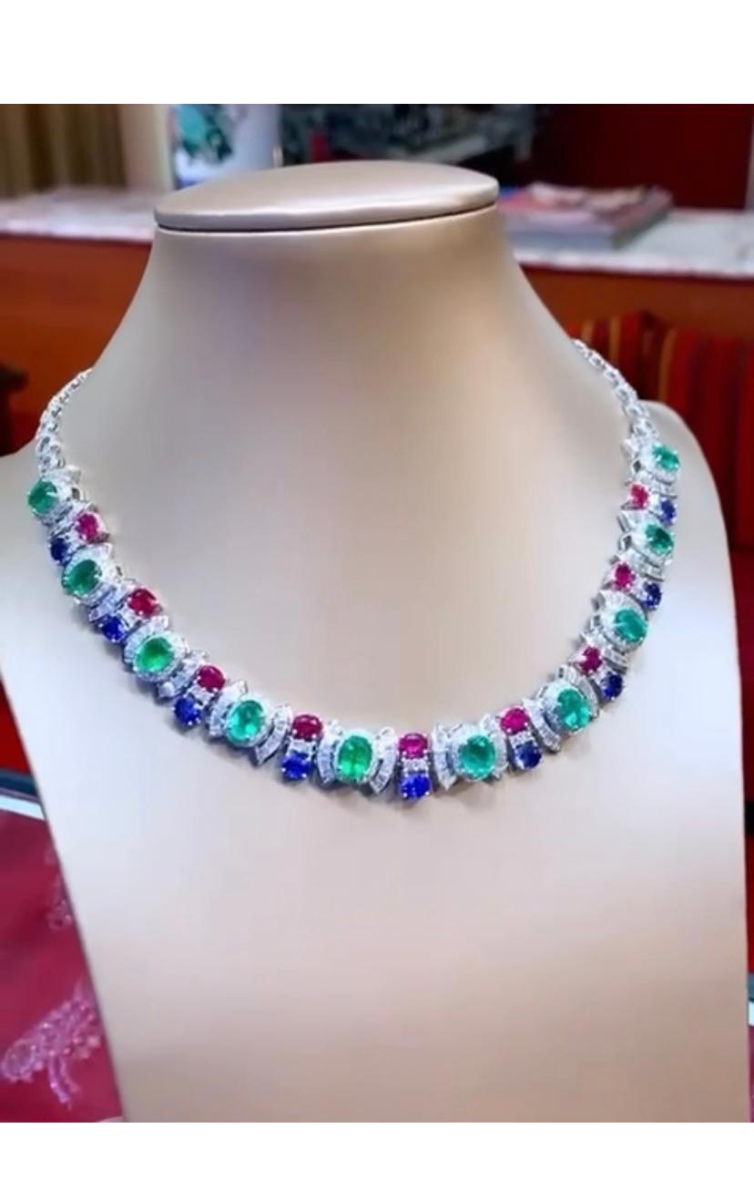 Women's AIG Certified 32.86 Carat Emeralds, Rubies, Sapphires Diamonds 18k Gold Necklace For Sale