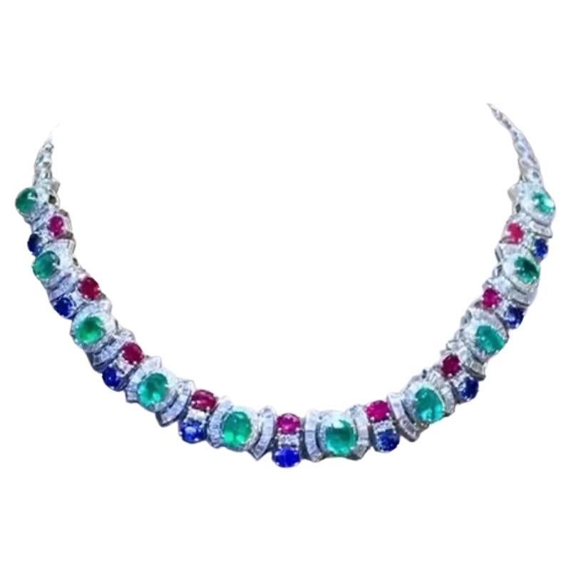 AIG Certified 32.86 Carat Emeralds, Rubies, Sapphires Diamonds 18k Gold Necklace For Sale