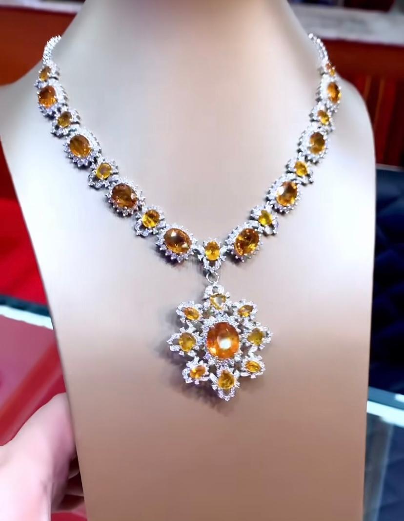 From new  spring collection, an exquisite flowers design, so stunning and glamour, for this necklace with a pendant/brooch , in 18k gold and natural orange sapphires and diamonds.
Necklace come with 17 pieces of natural sapphires , oval cut, of